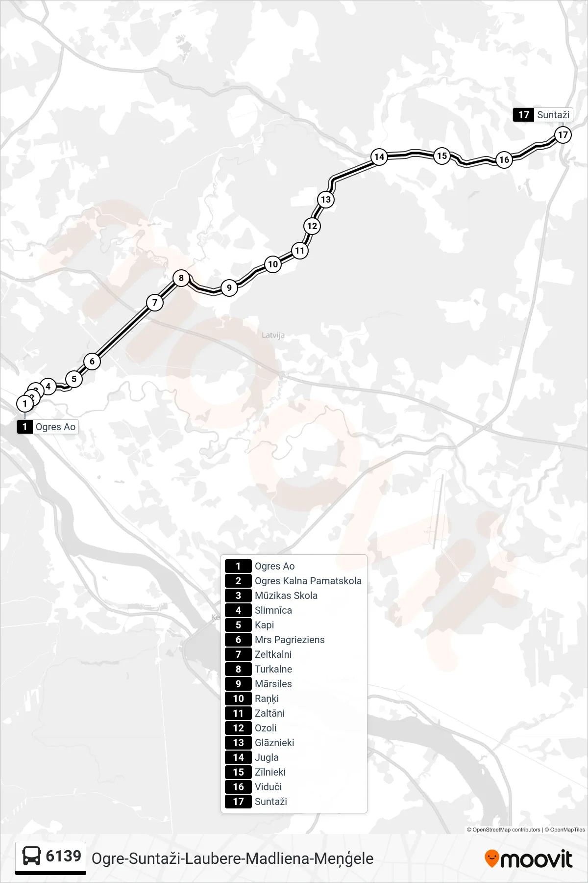 6139 bus Line (Suntaži) route and stops on a map