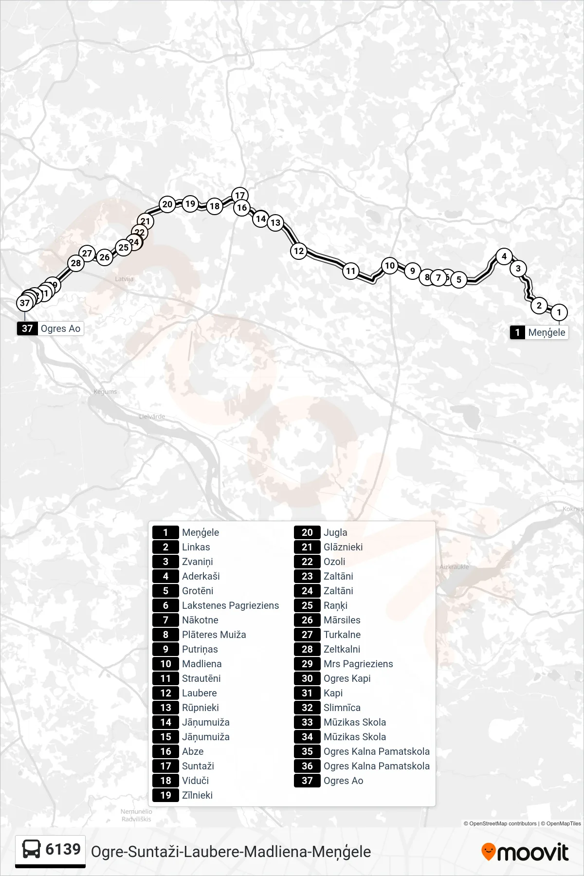 6139 bus Line (Ogres Ao) route and stops on a map