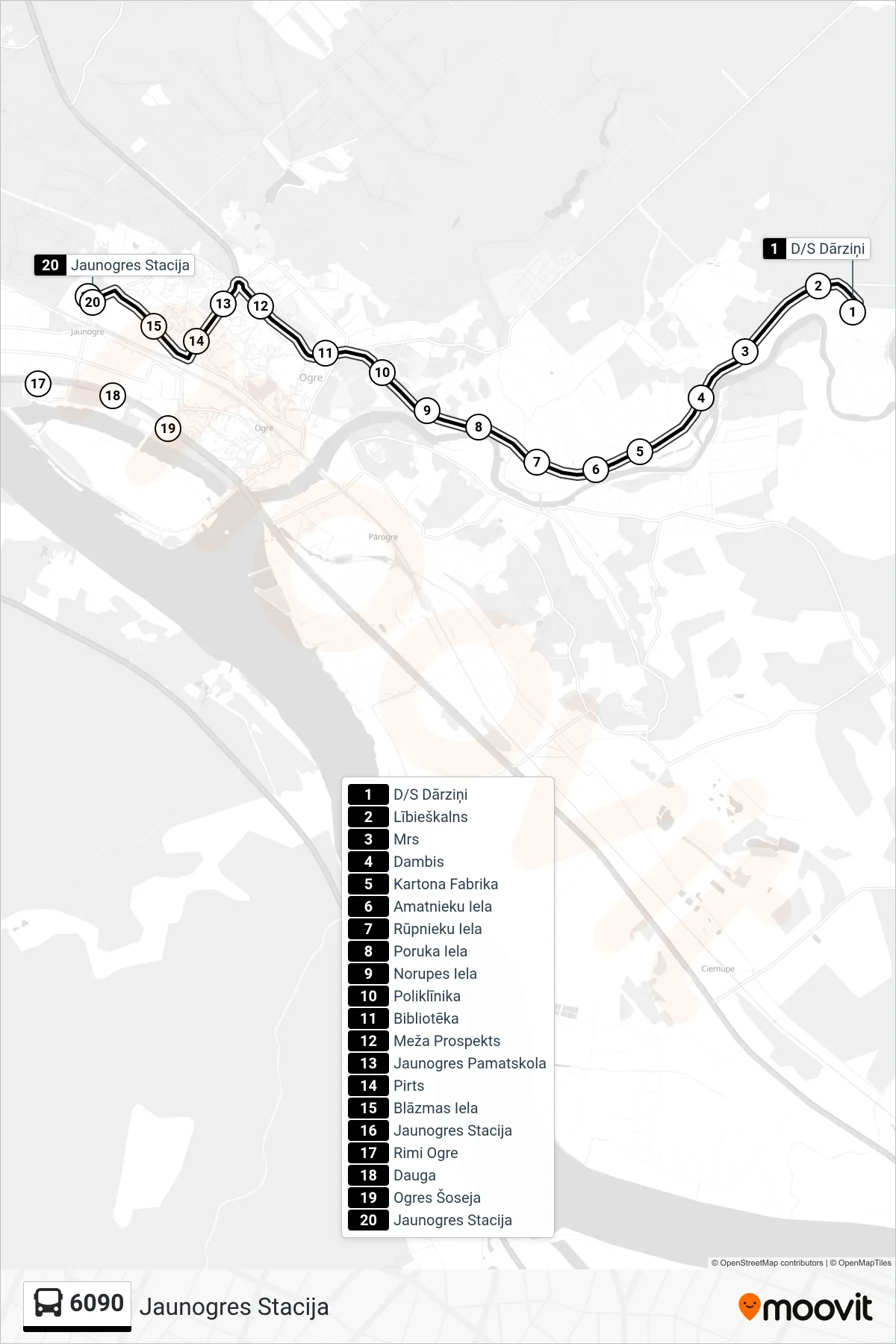6090 bus Line (Jaunogres Stacija) route and stops on a map
