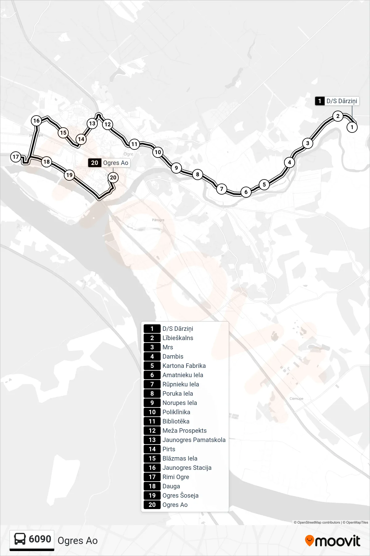 6090 bus Line (Ogres Ao) route and stops on a map
