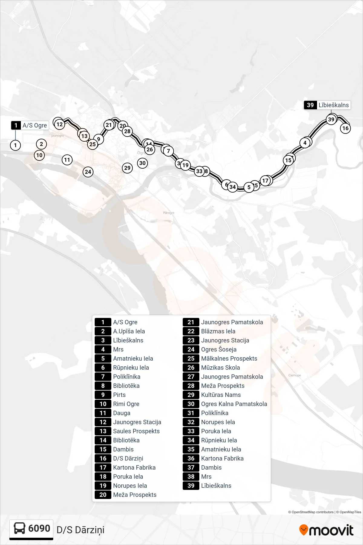 6090 bus Line (D/S Dārziņi) route and stops on a map