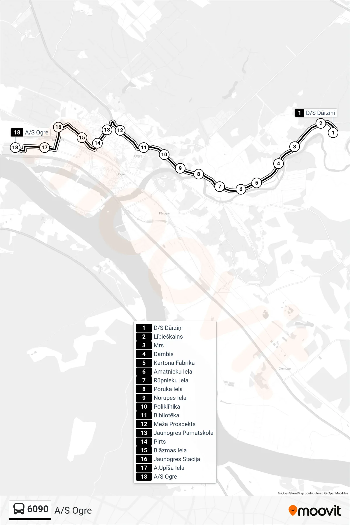 6090 bus Line (A/S Ogre) route and stops on a map