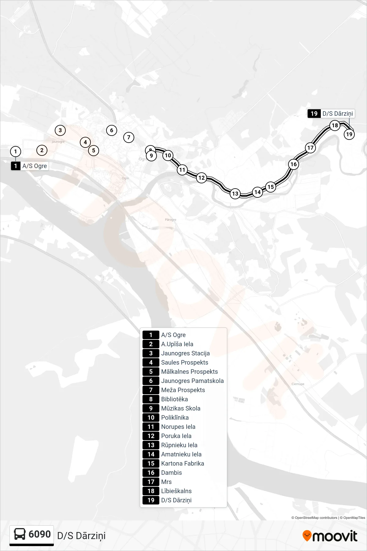 6090 bus Line (D/S Dārziņi) route and stops on a map
