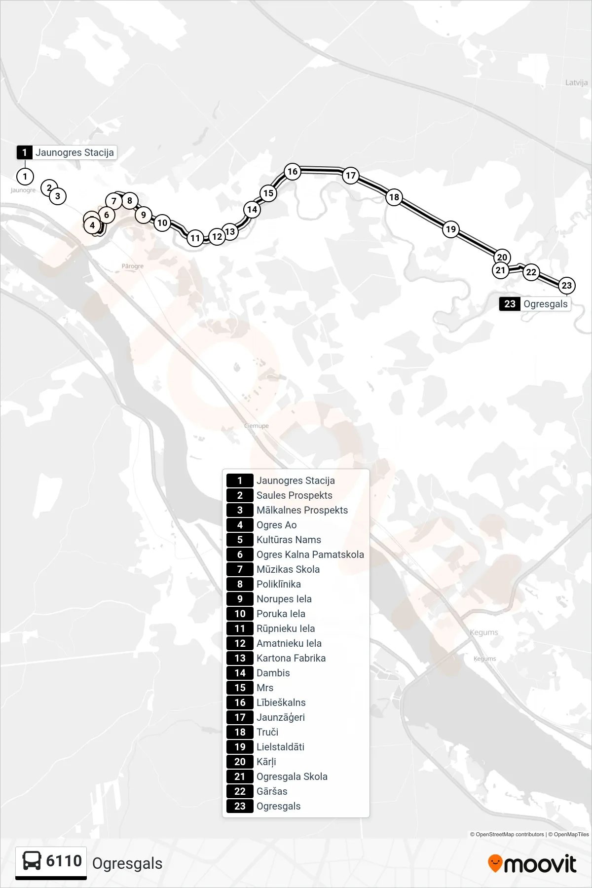 6110 bus Line (Ogresgals) route and stops on a map