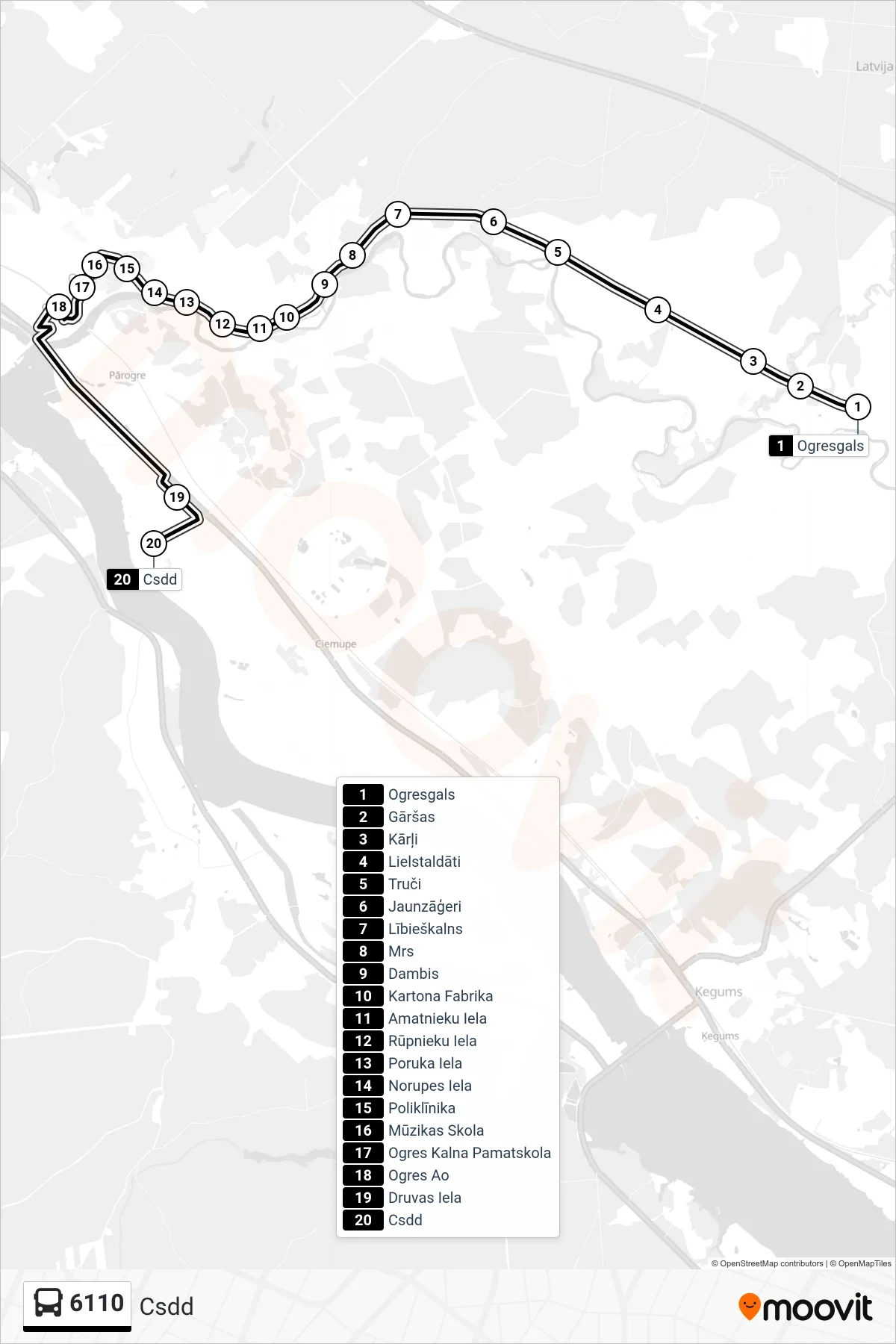 6110 bus Line (Csdd) route and stops on a map