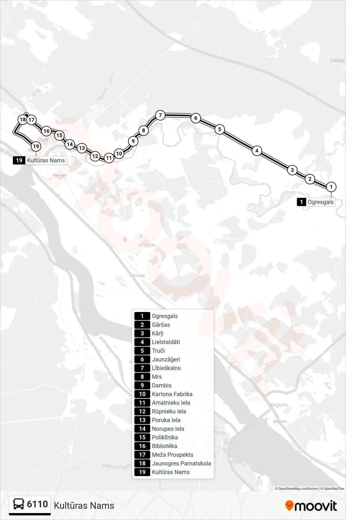 6110 bus Line (Kultūras Nams) route and stops on a map