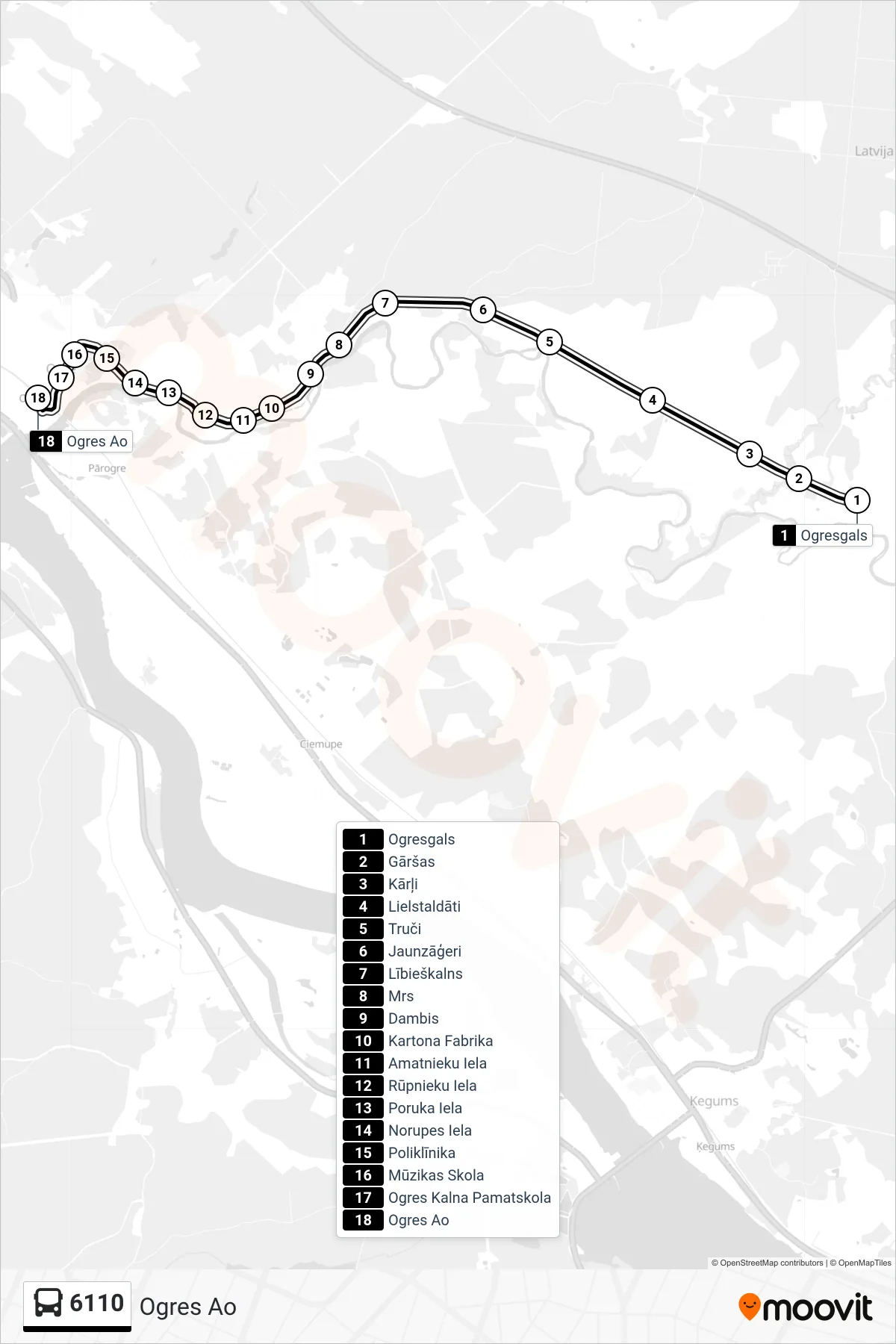6110 bus Line (Ogres Ao) route and stops on a map
