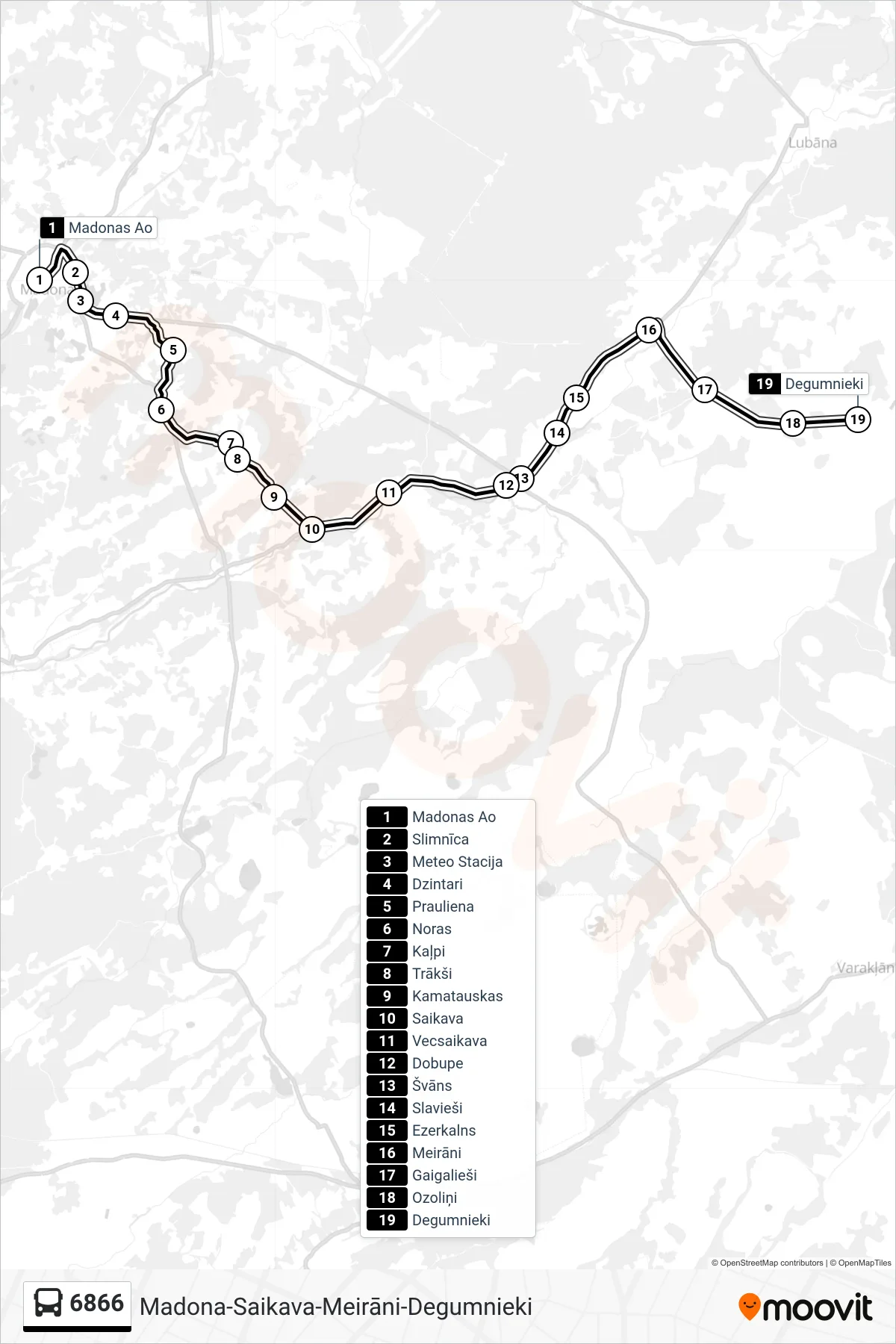 6866 bus Line (Degumnieki) route and stops on a map