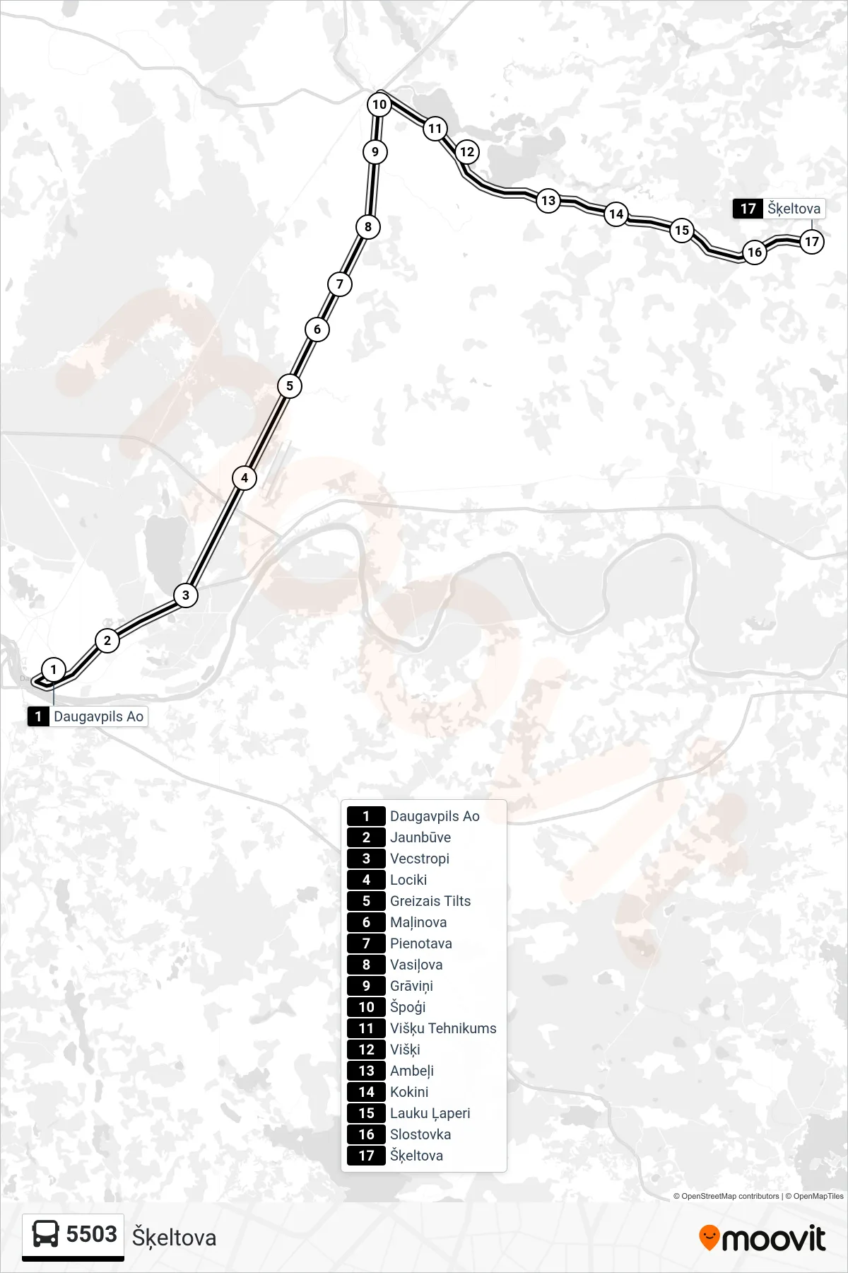 5503 bus Line (Šķeltova) route and stops on a map