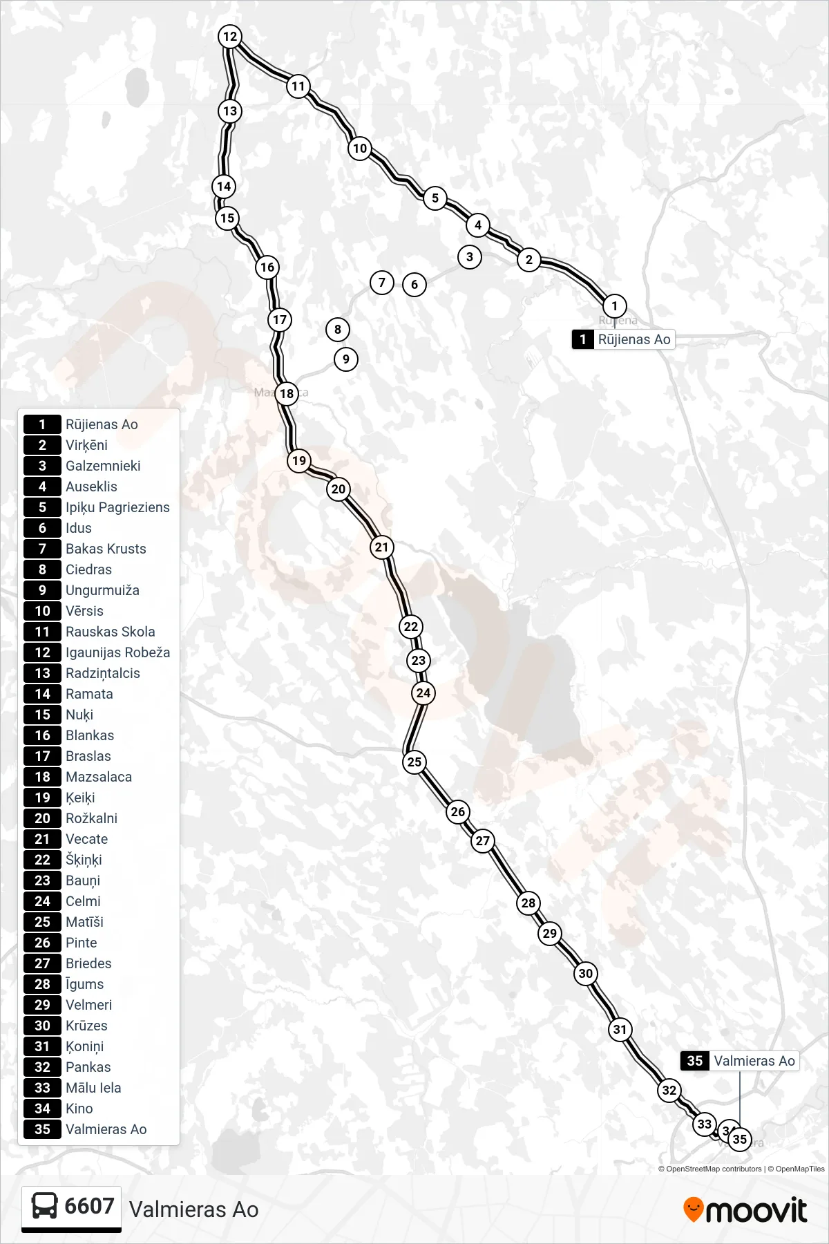 6607 bus Line (Valmieras Ao) route and stops on a map