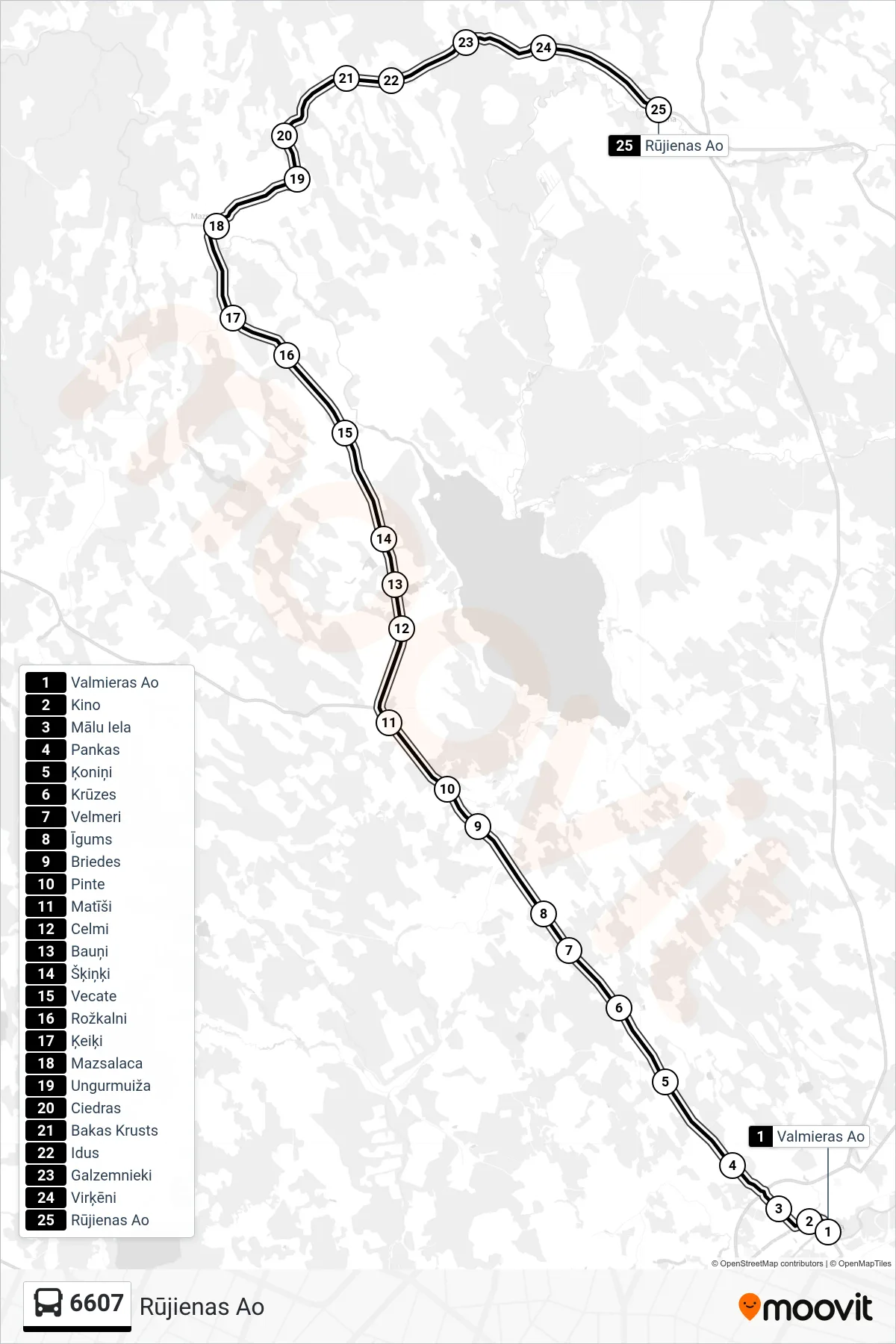 6607 bus Line (Rūjienas Ao) route and stops on a map