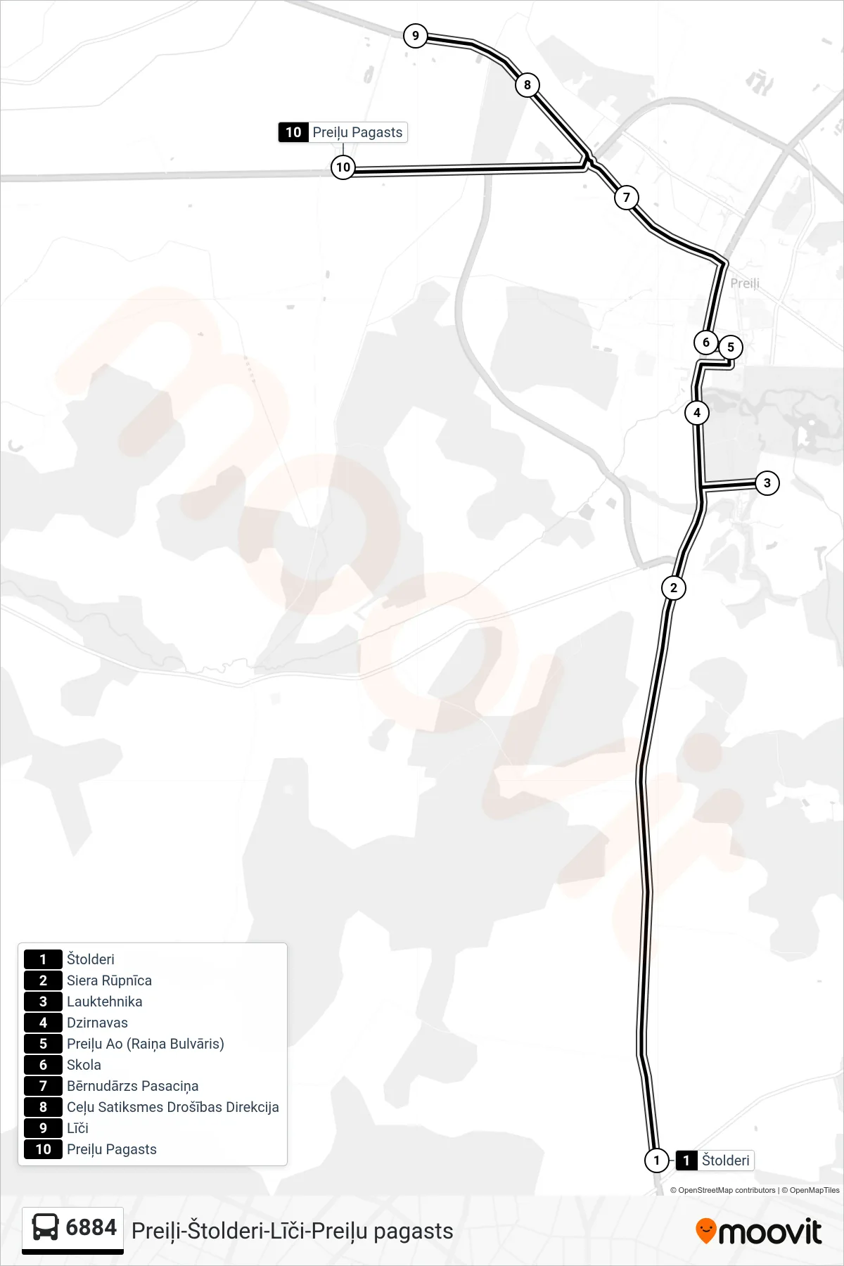 6884 bus Line (Preiļu Pagasts) route and stops on a map