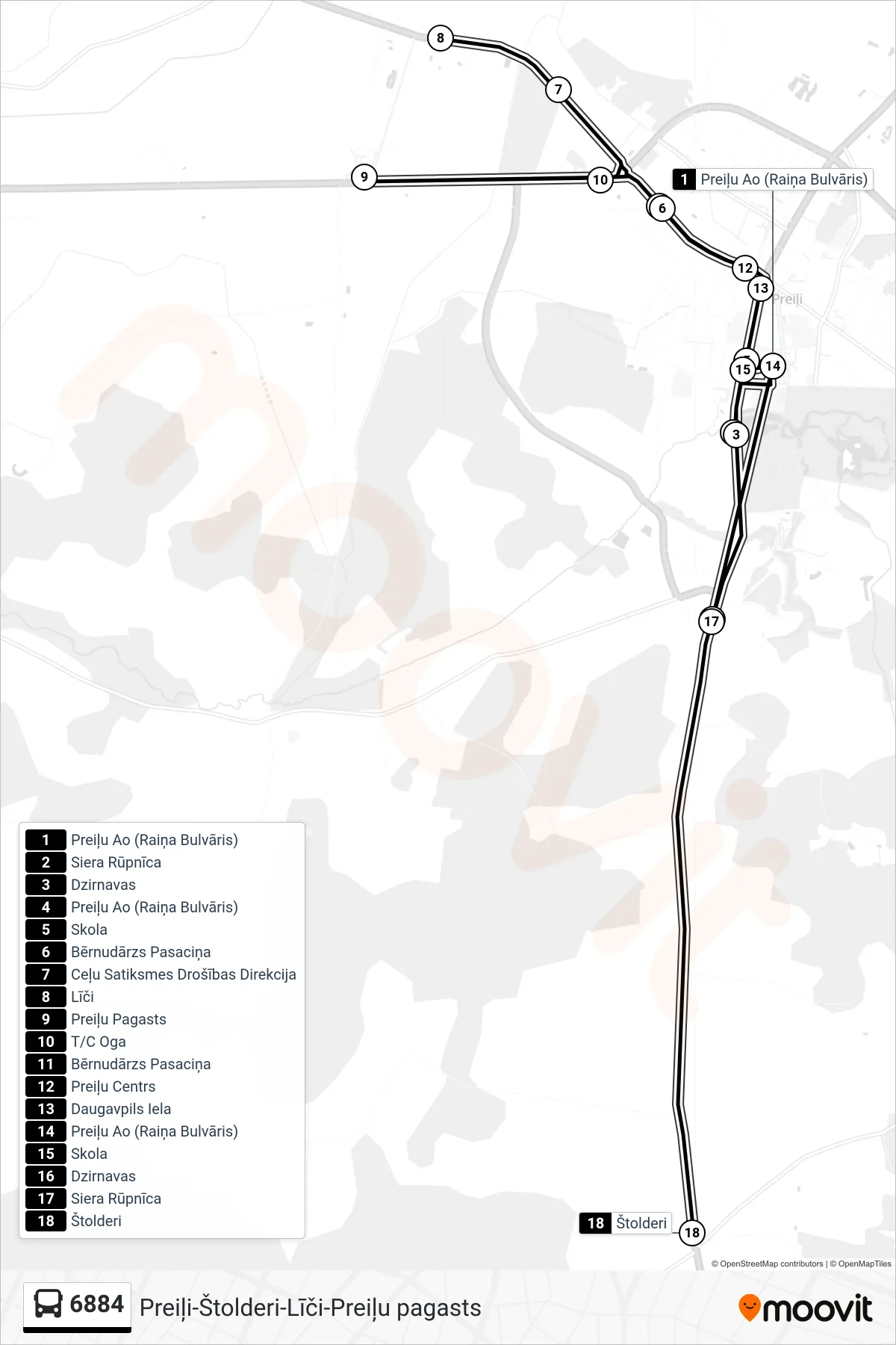 6884 bus Line (Štolderi) route and stops on a map