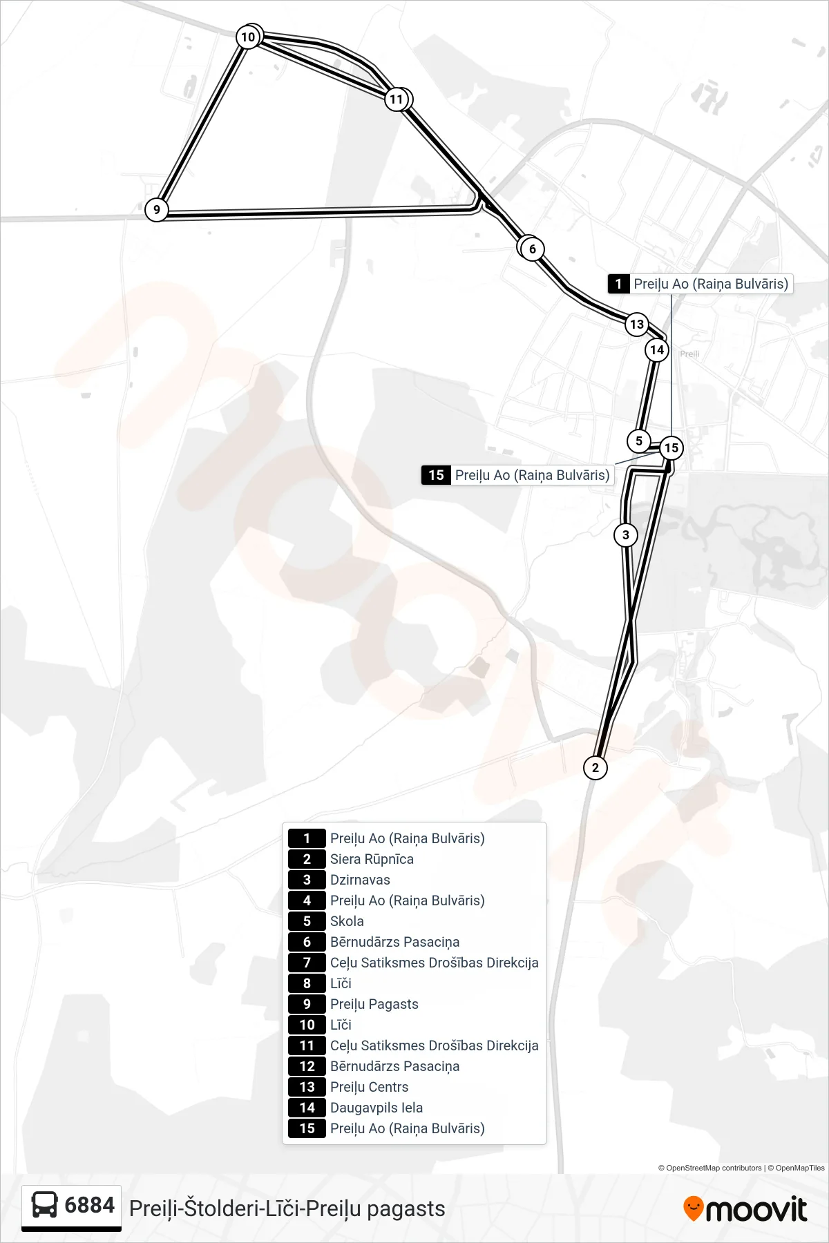 6884 bus Line (Preiļu Ao (Raiņa Bulvāris)) route and stops on a map