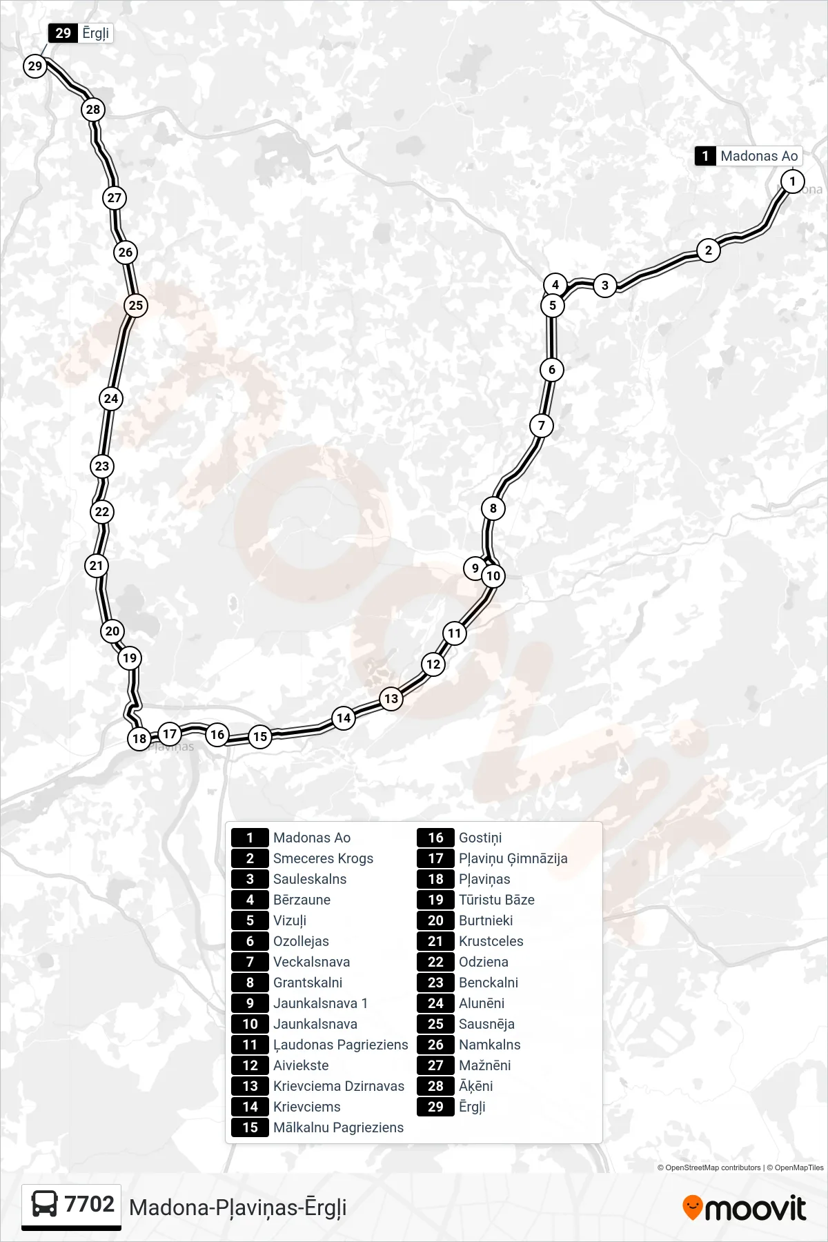7702 bus Line (Ērgļi) route and stops on a map