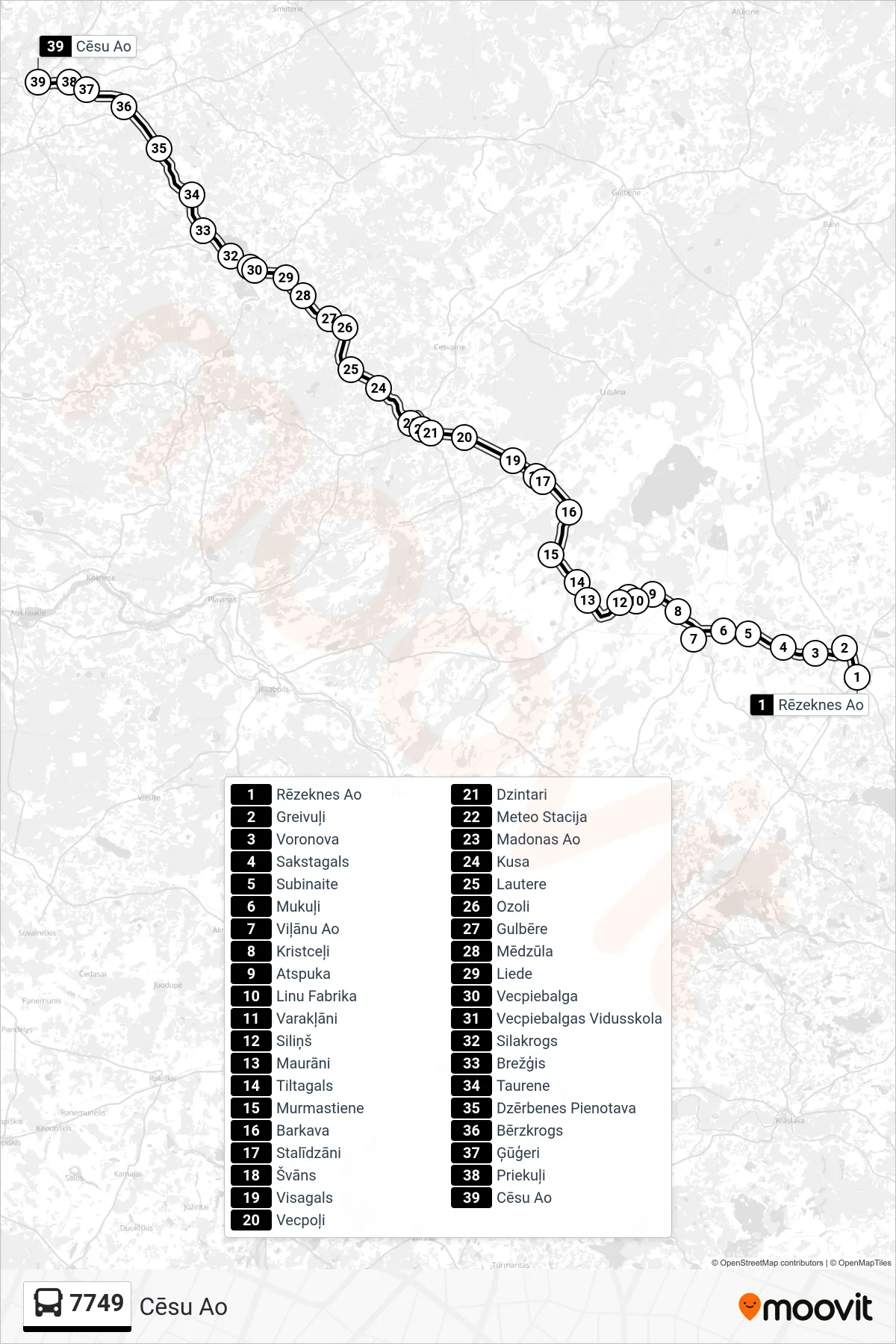 7749 bus Line (Cēsu Ao) route and stops on a map