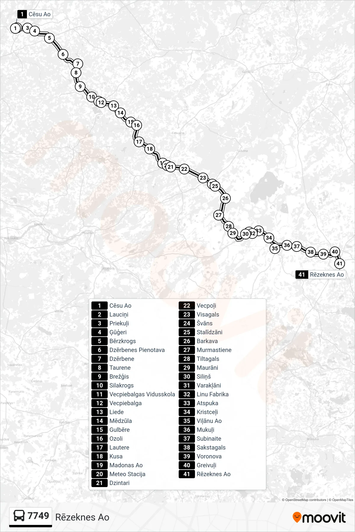 7749 bus Line (Rēzeknes Ao) route and stops on a map
