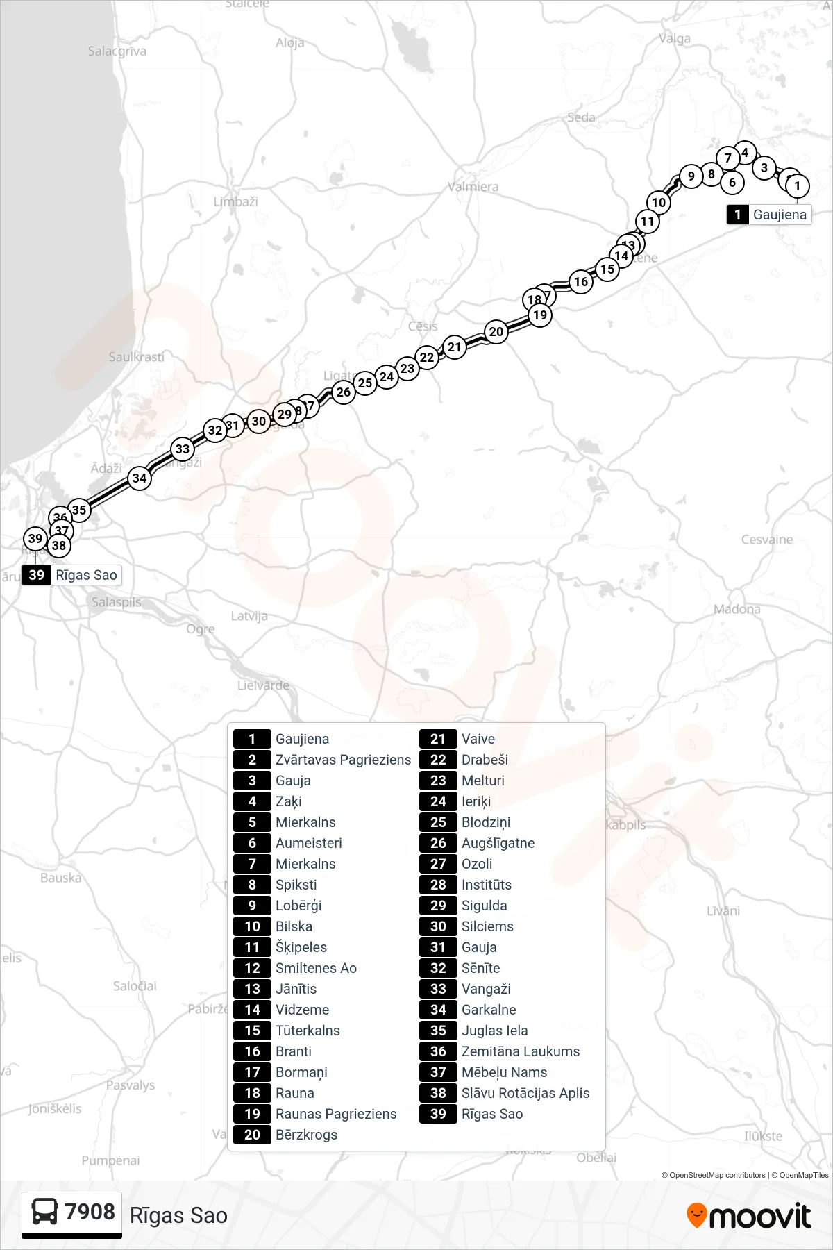 7908 bus Line (Rīgas Sao) route and stops on a map