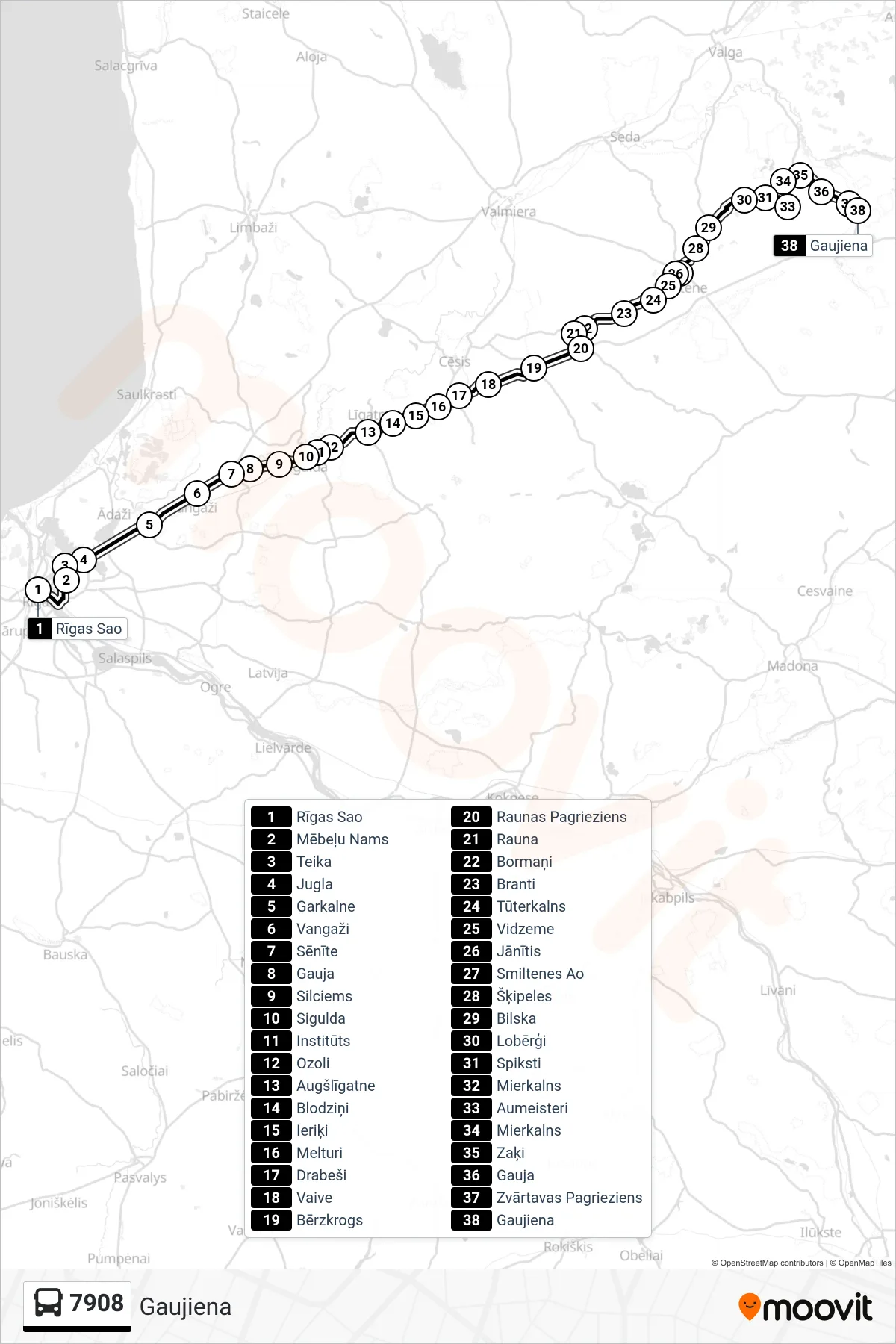 7908 bus Line (Gaujiena) route and stops on a map