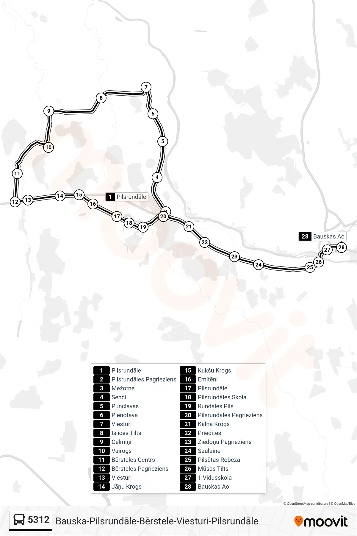 5312 bus Line (Bauskas Ao) route and stops on a map