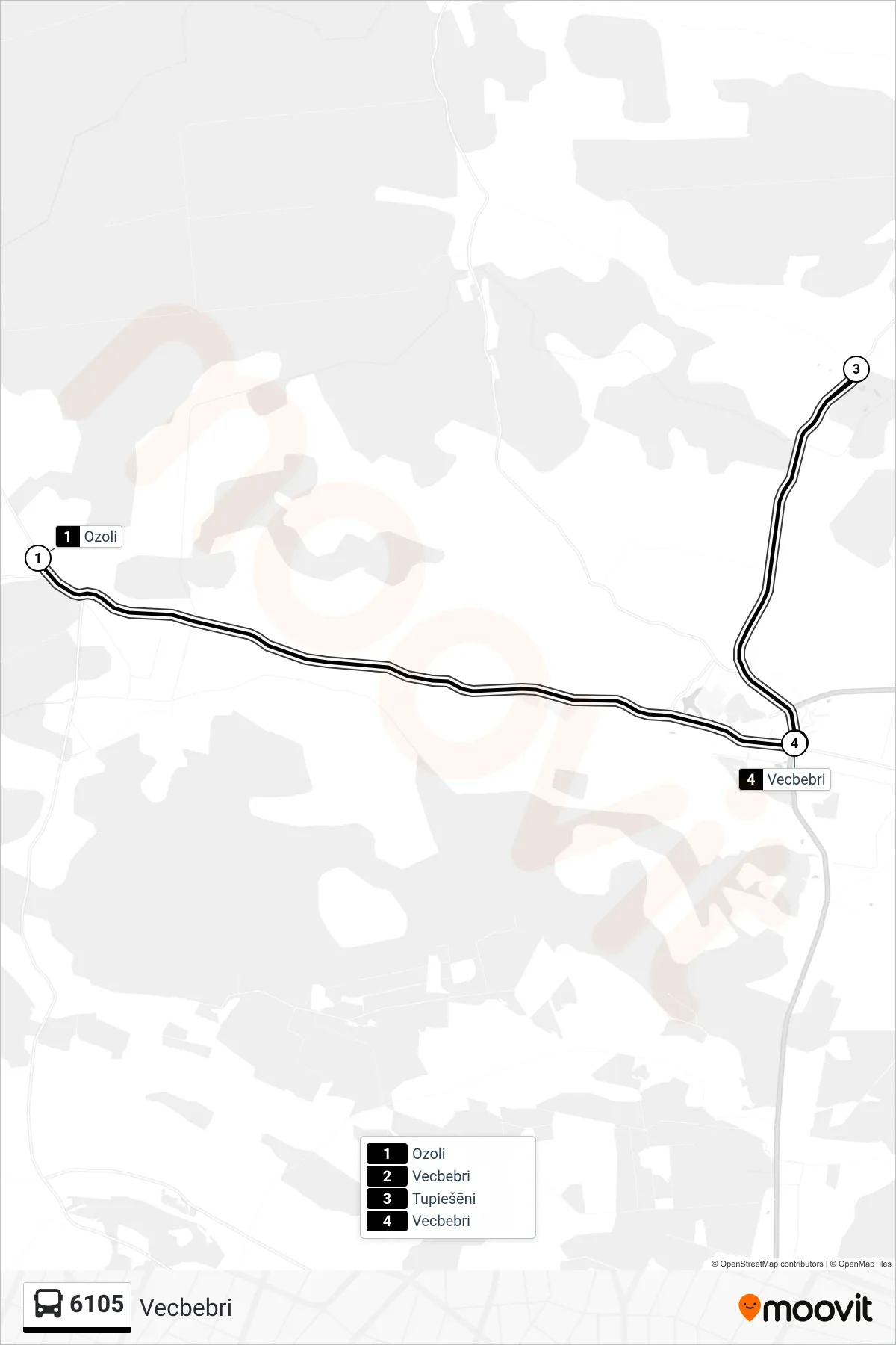 6105 bus Line (Vecbebri) route and stops on a map