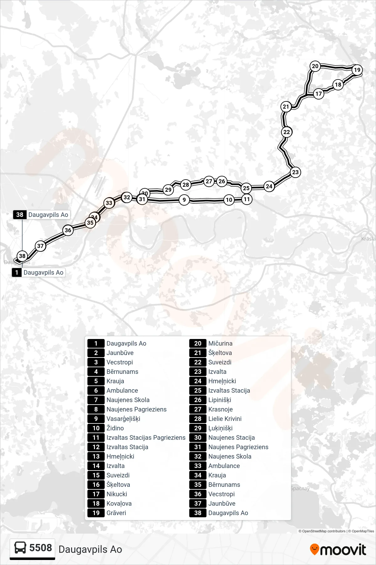 5508 bus Line (Daugavpils Ao) route and stops on a map
