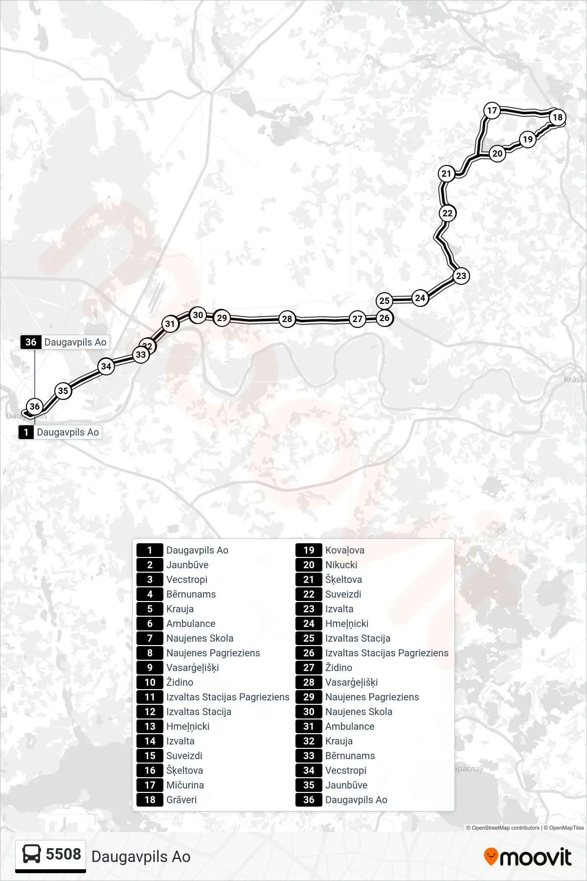 5508 bus Line (Daugavpils Ao) route and stops on a map