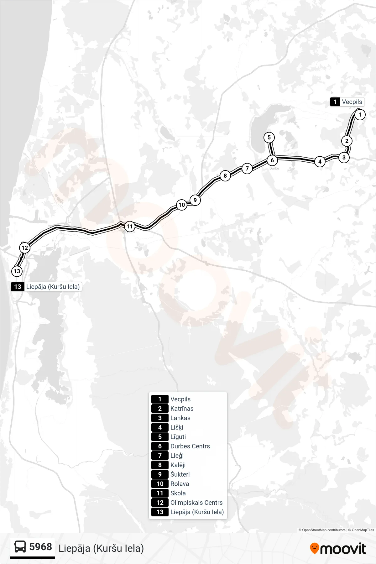 5968 bus Line (Liepāja (Kuršu Iela)) route and stops on a map