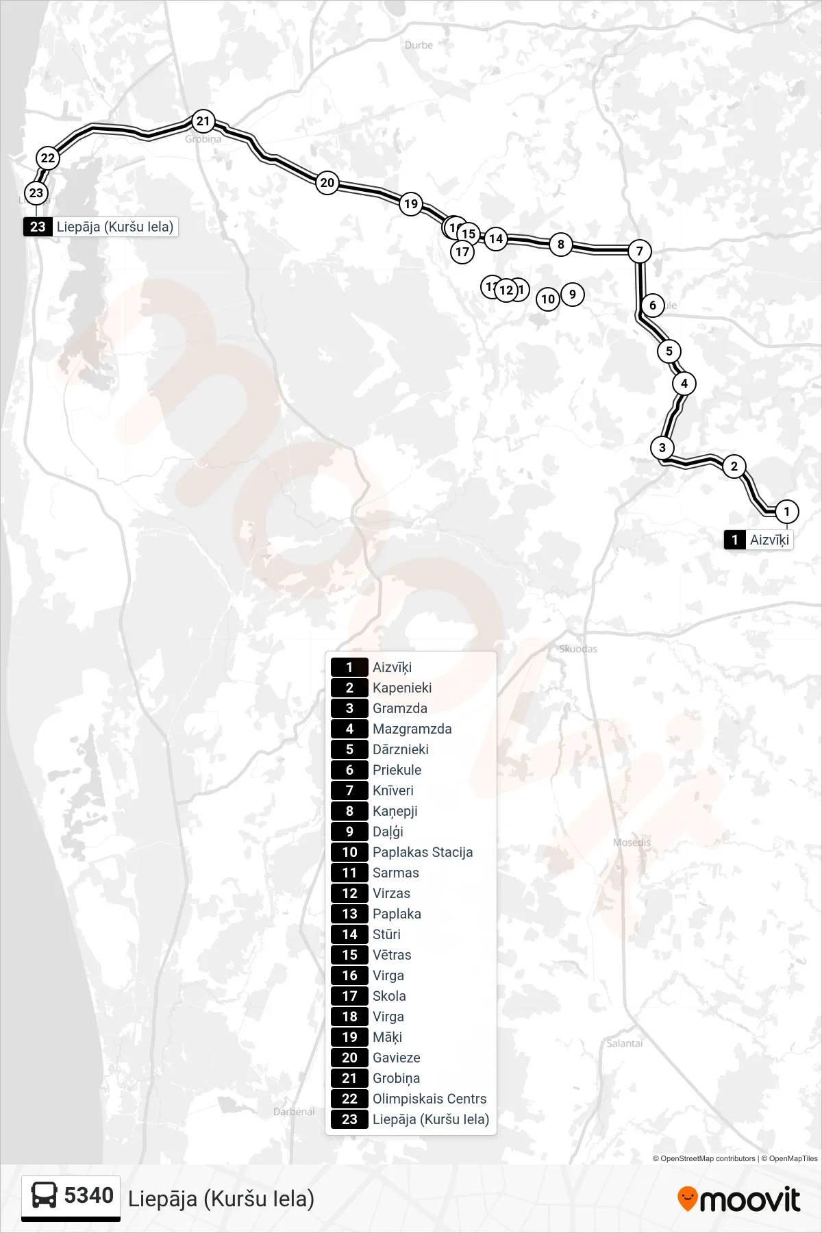 5340 bus Line (Liepāja (Kuršu Iela)) route and stops on a map