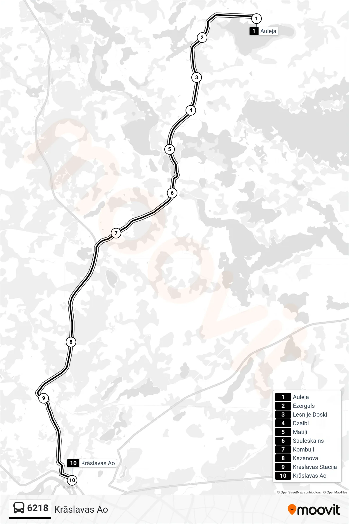 6218 bus Line (Krāslavas Ao) route and stops on a map