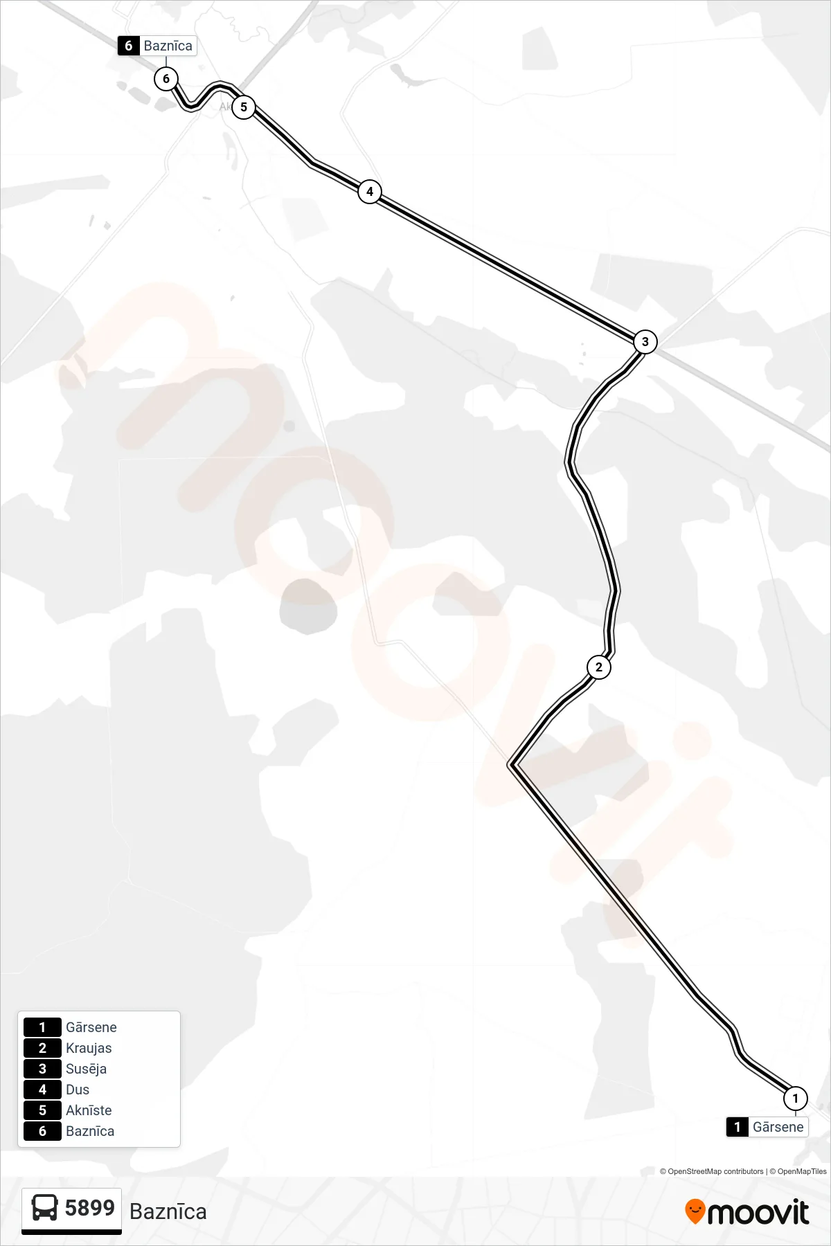 5899 bus Line (Baznīca) route and stops on a map