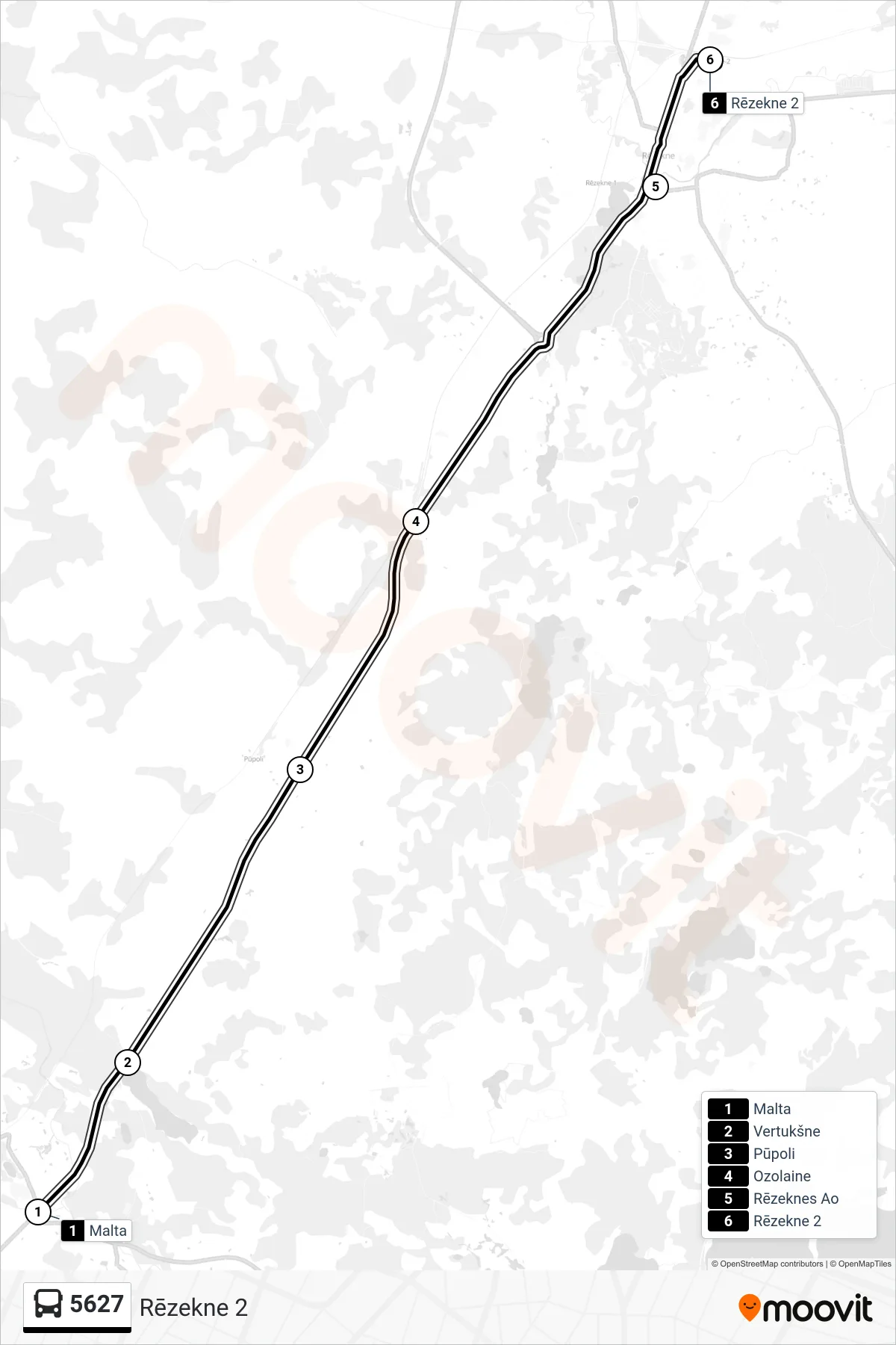 5627 bus Line (Rēzekne 2) route and stops on a map