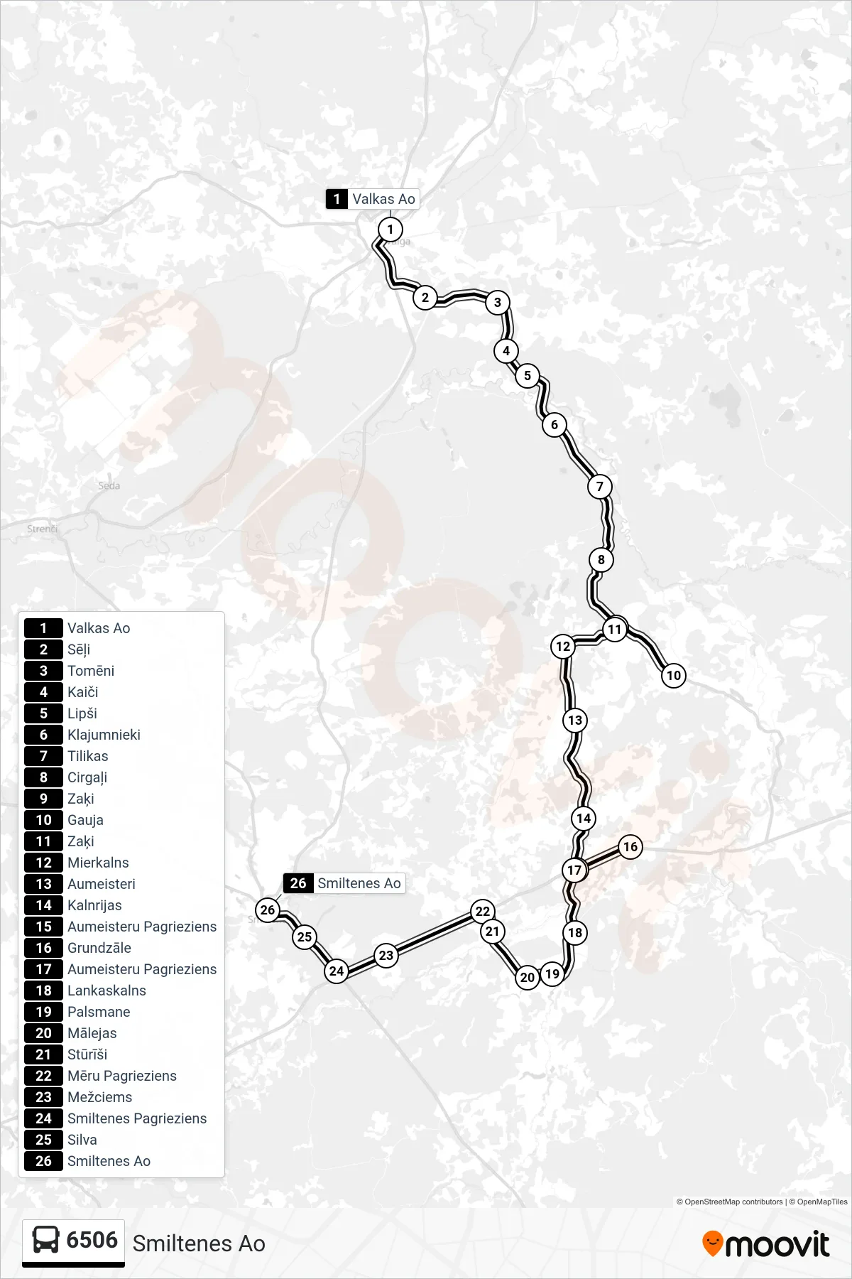 6506 bus Line (Smiltenes Ao) route and stops on a map