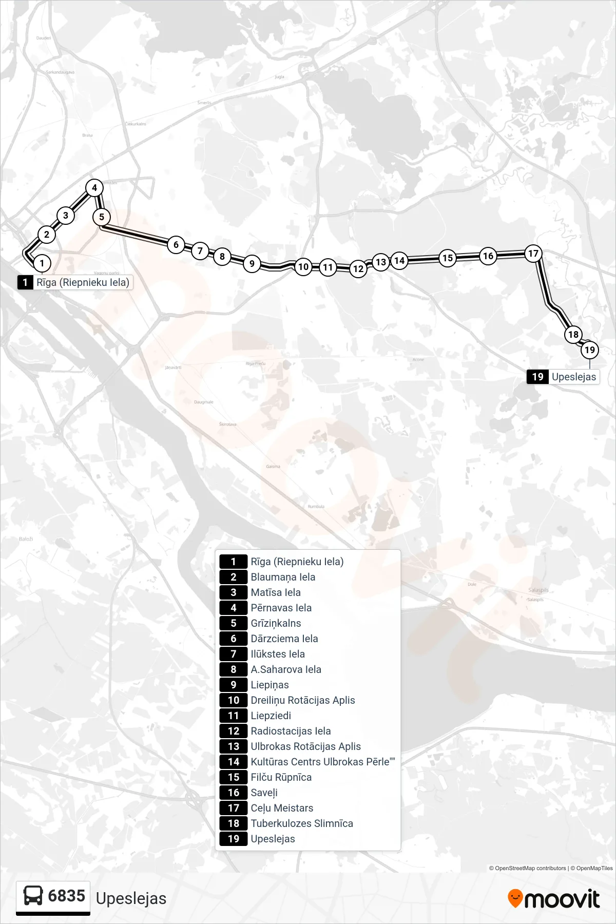 6835 bus Line (Upeslejas) route and stops on a map