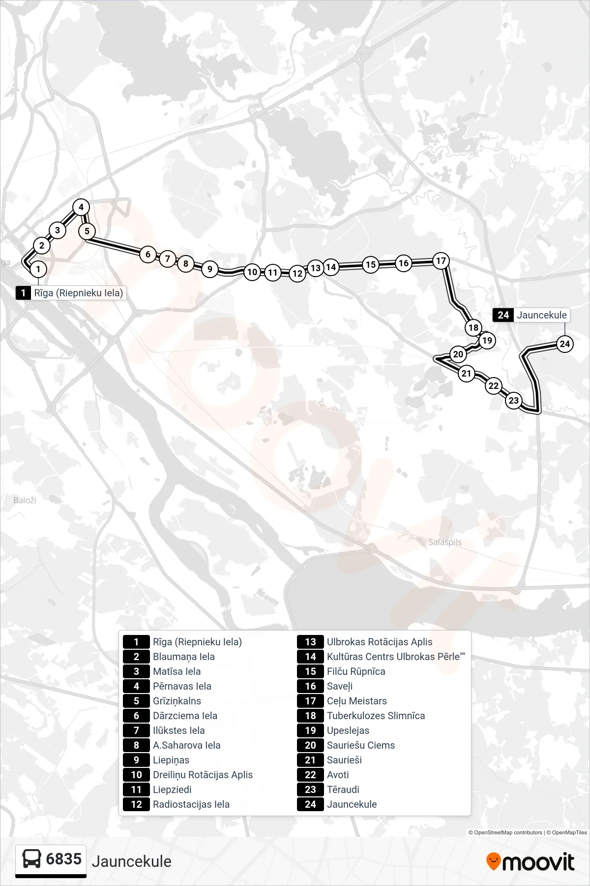 6835 bus Line (Jauncekule) route and stops on a map