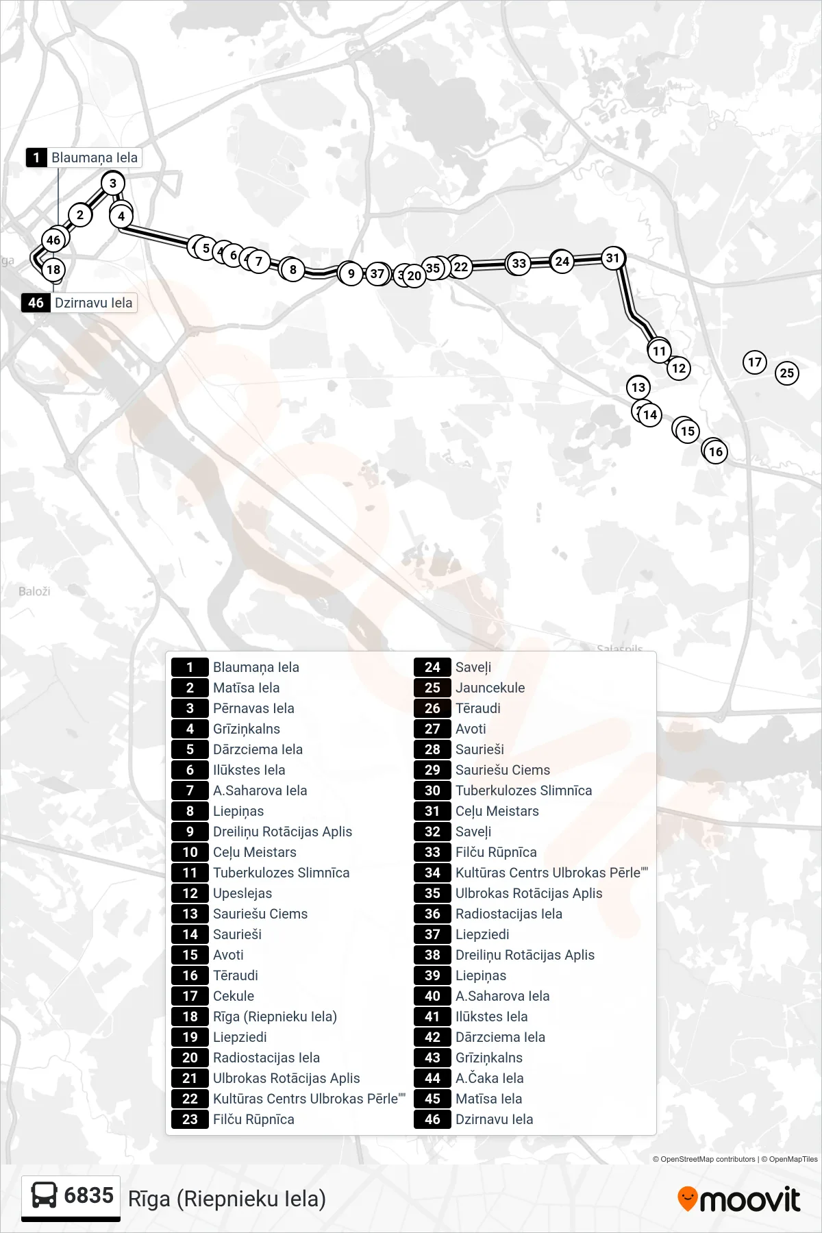 6835 bus Line (Rīga (Riepnieku Iela)) route and stops on a map