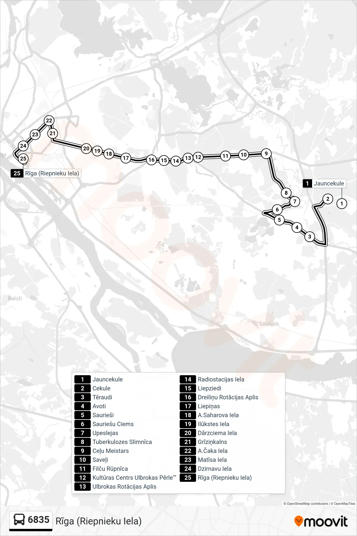 6835 bus Line (Rīga (Riepnieku Iela)) route and stops on a map