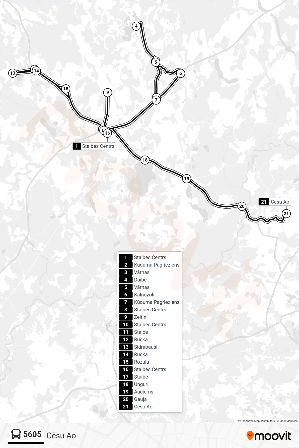 5605 bus Line (Cēsu Ao) route and stops on a map