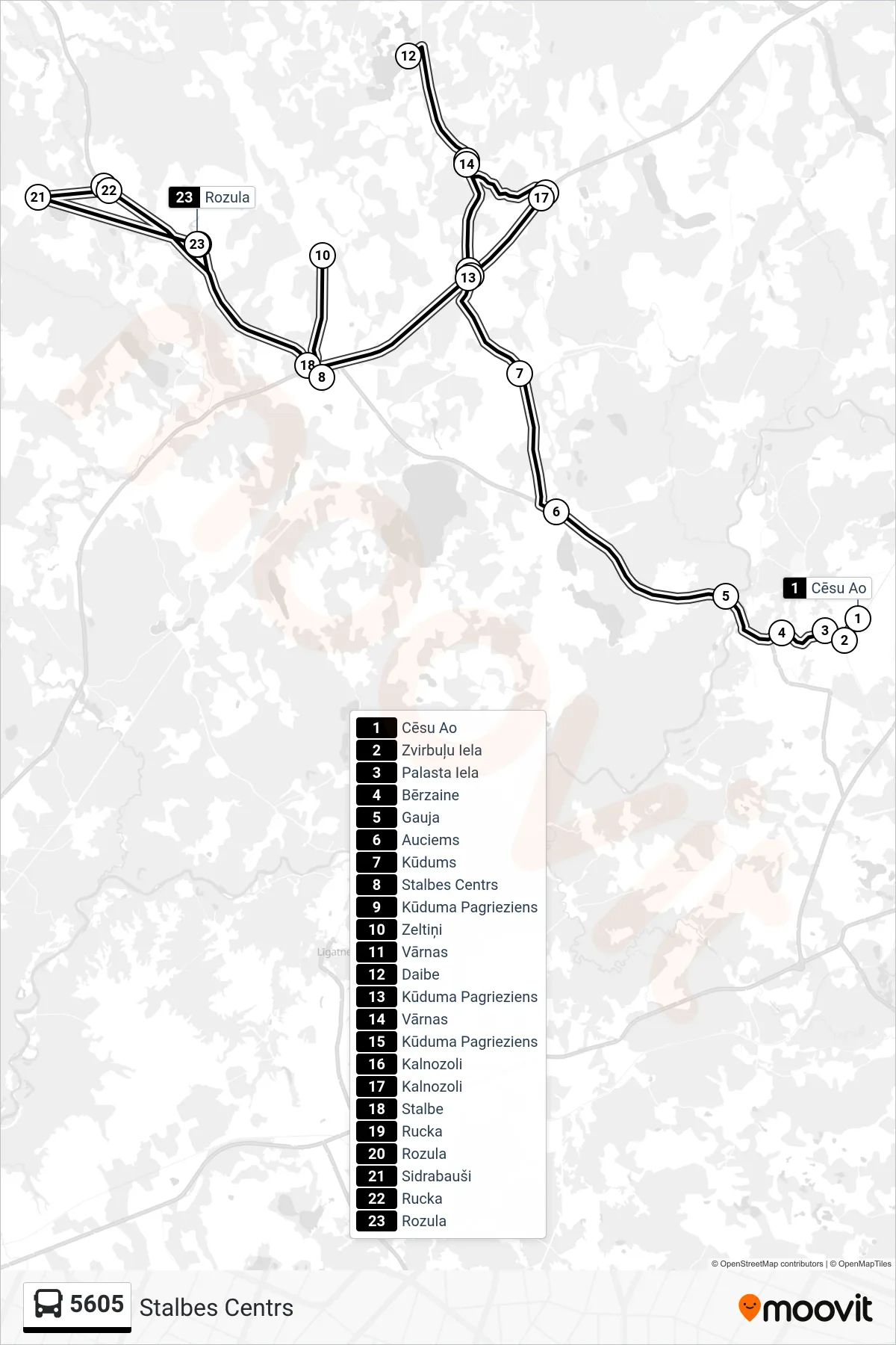 5605 bus Line (Stalbes Centrs) route and stops on a map