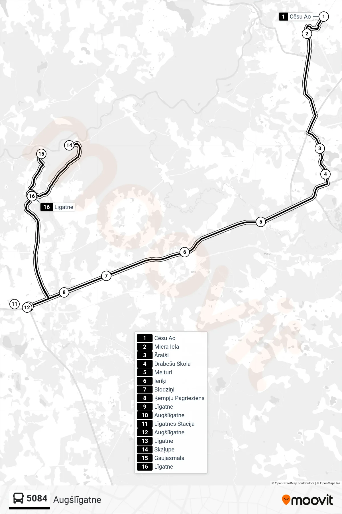 5084 bus Line (Augšlīgatne) route and stops on a map