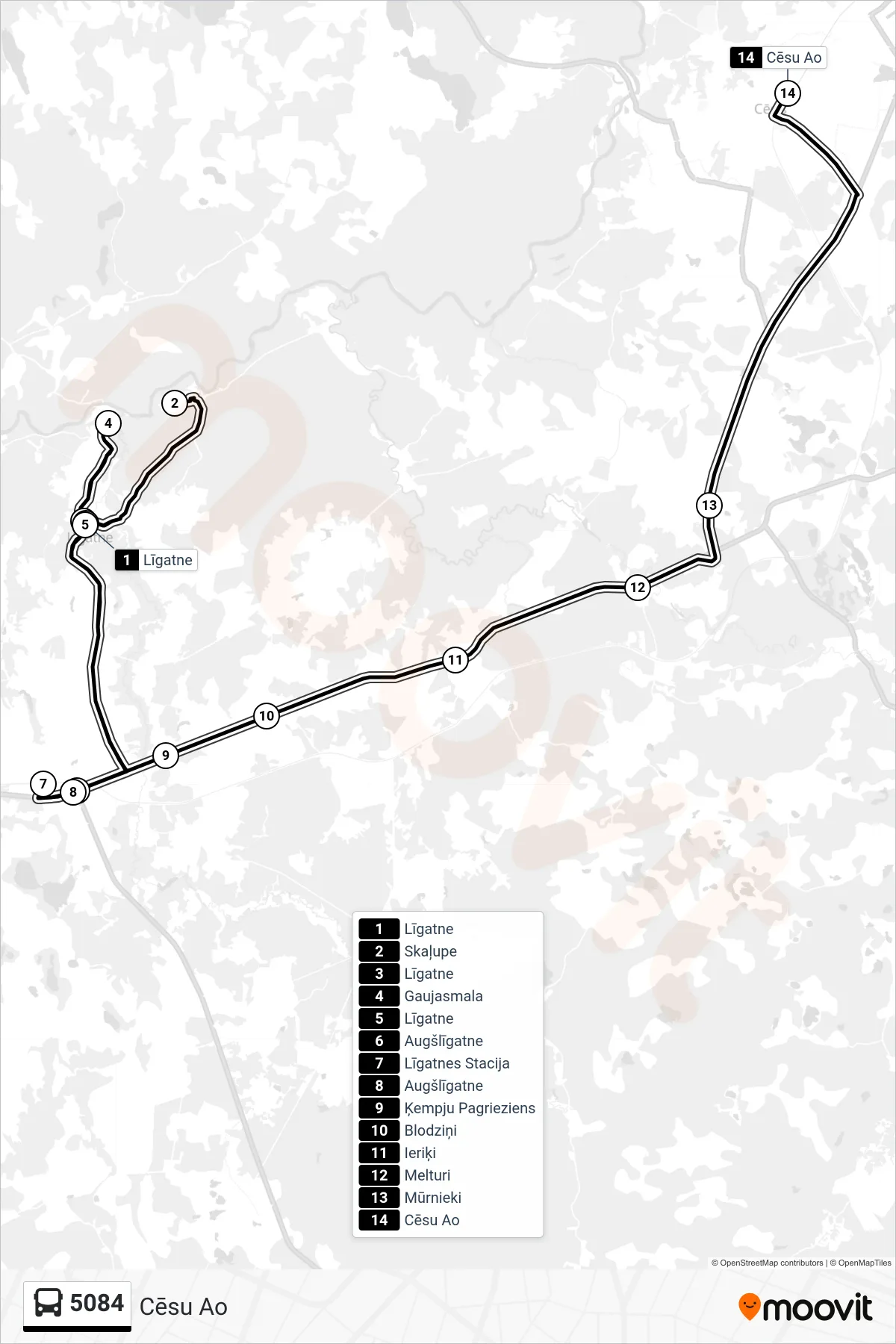 5084 bus Line (Cēsu Ao) route and stops on a map