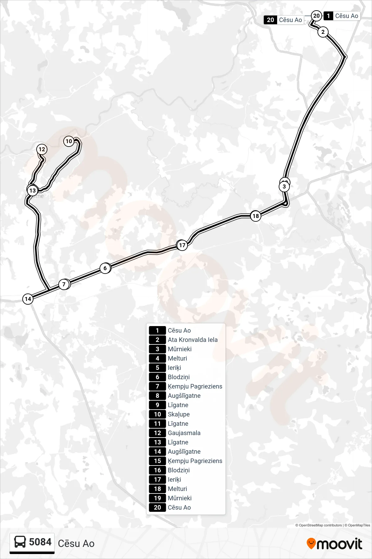 5084 bus Line (Cēsu Ao) route and stops on a map