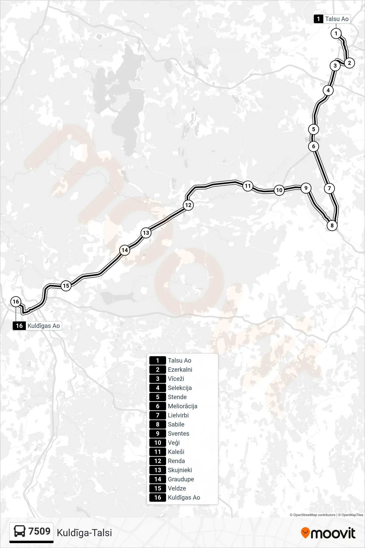 7509 bus Line (Kuldīgas Ao) route and stops on a map