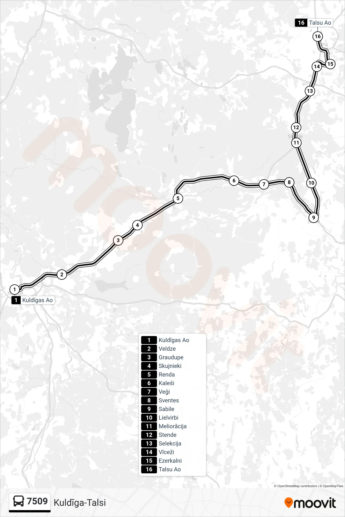 7509 bus Line (Talsu Ao) route and stops on a map