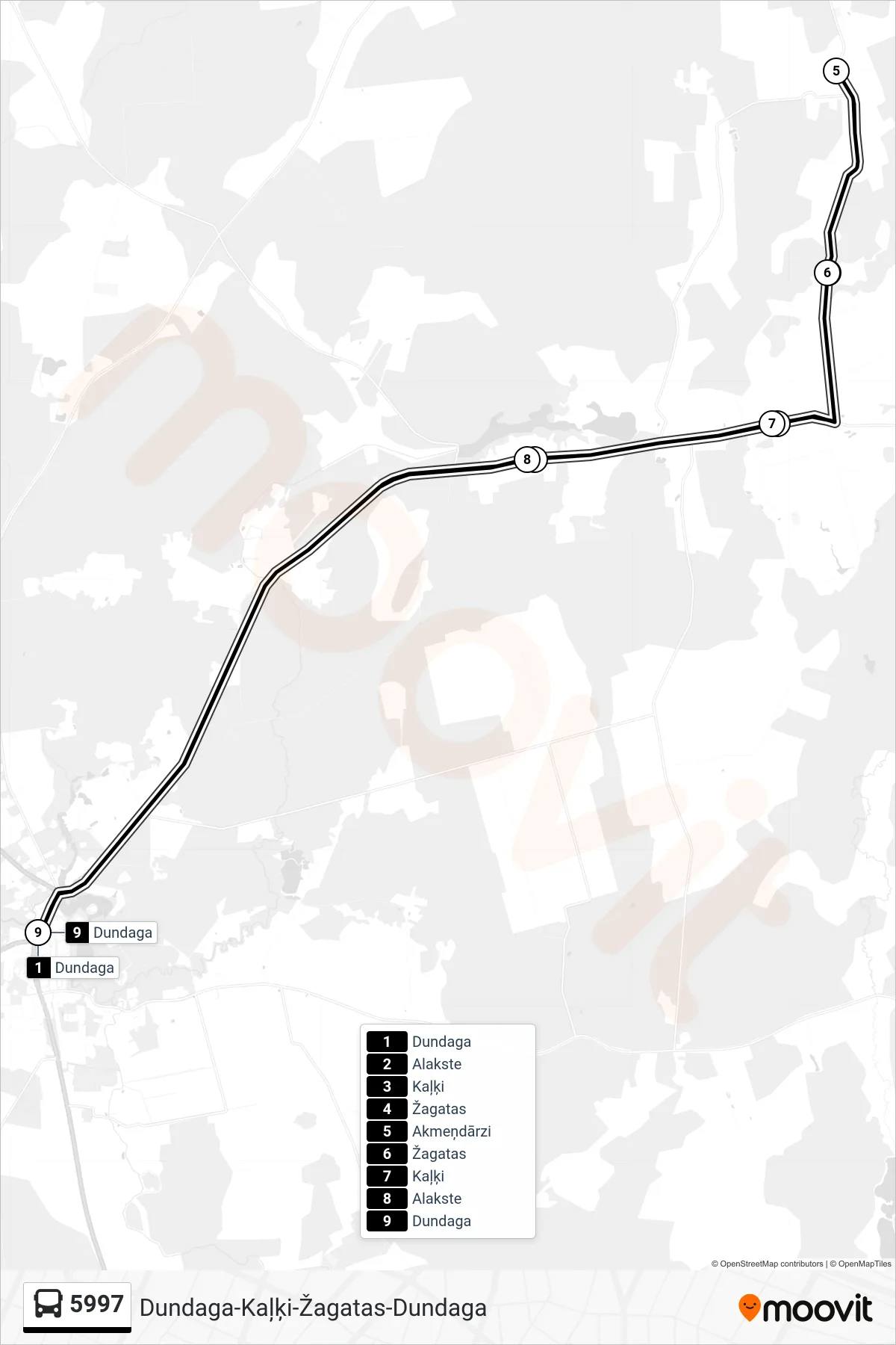 5997 bus Line (Dundaga) route and stops on a map