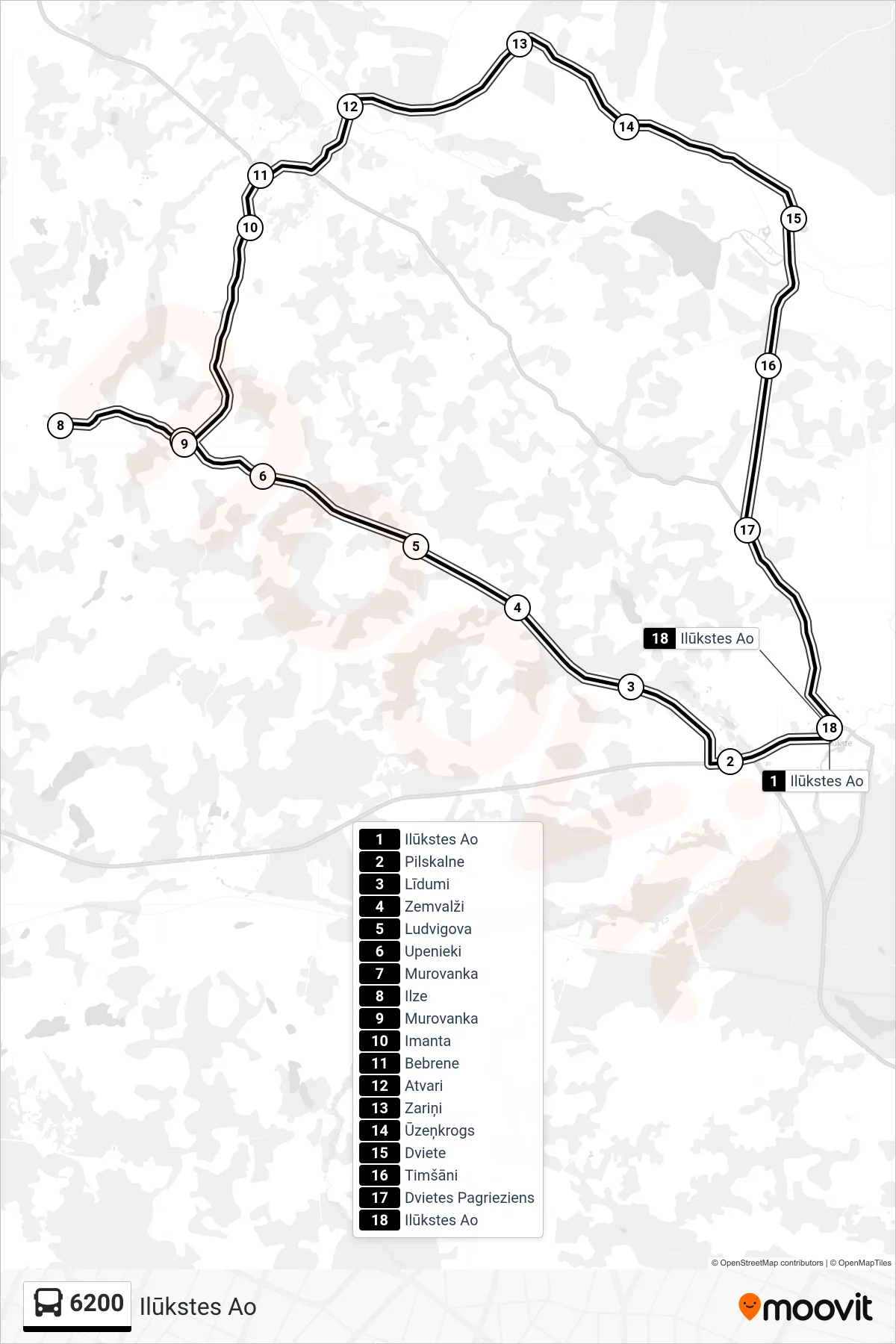 6200 bus Line (Ilūkstes Ao) route and stops on a map