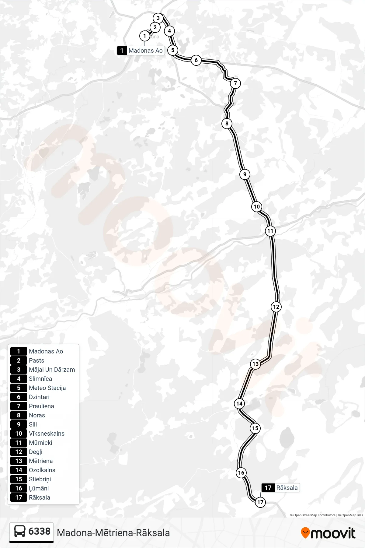 6338 bus Line (Rāksala) route and stops on a map
