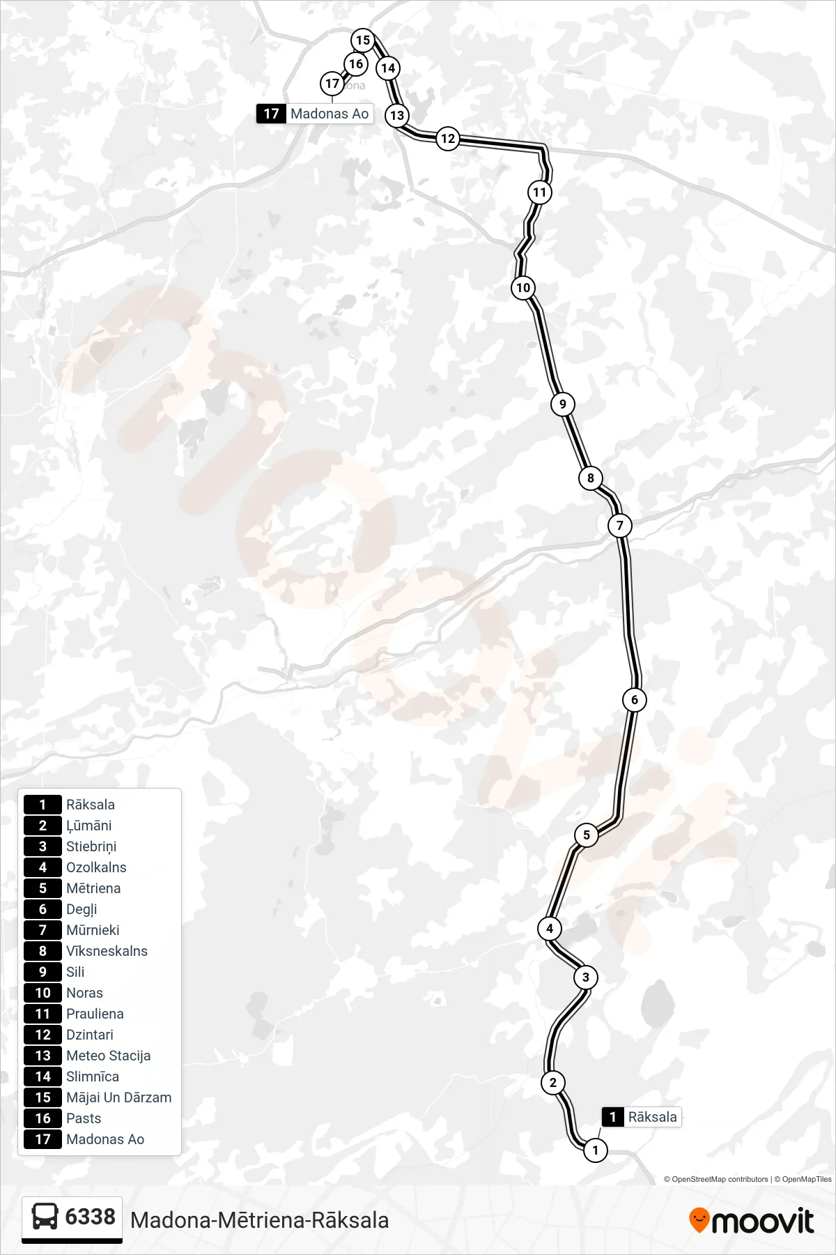 6338 bus Line (Madonas Ao) route and stops on a map