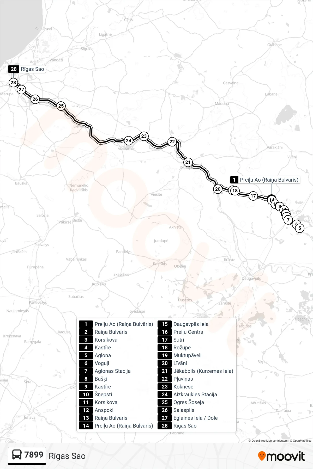 7899 bus Line (Rīgas Sao) route and stops on a map