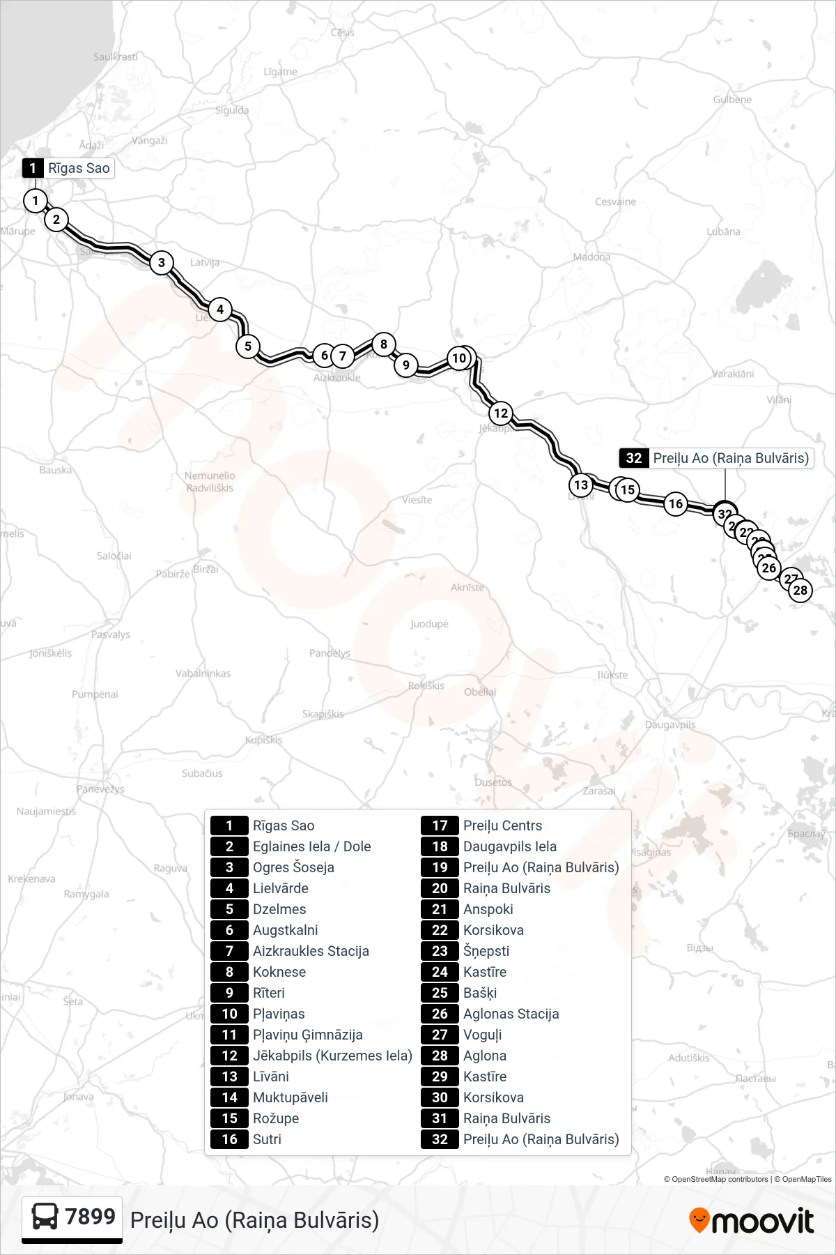 7899 bus Line (Preiļu Ao (Raiņa Bulvāris)) route and stops on a map